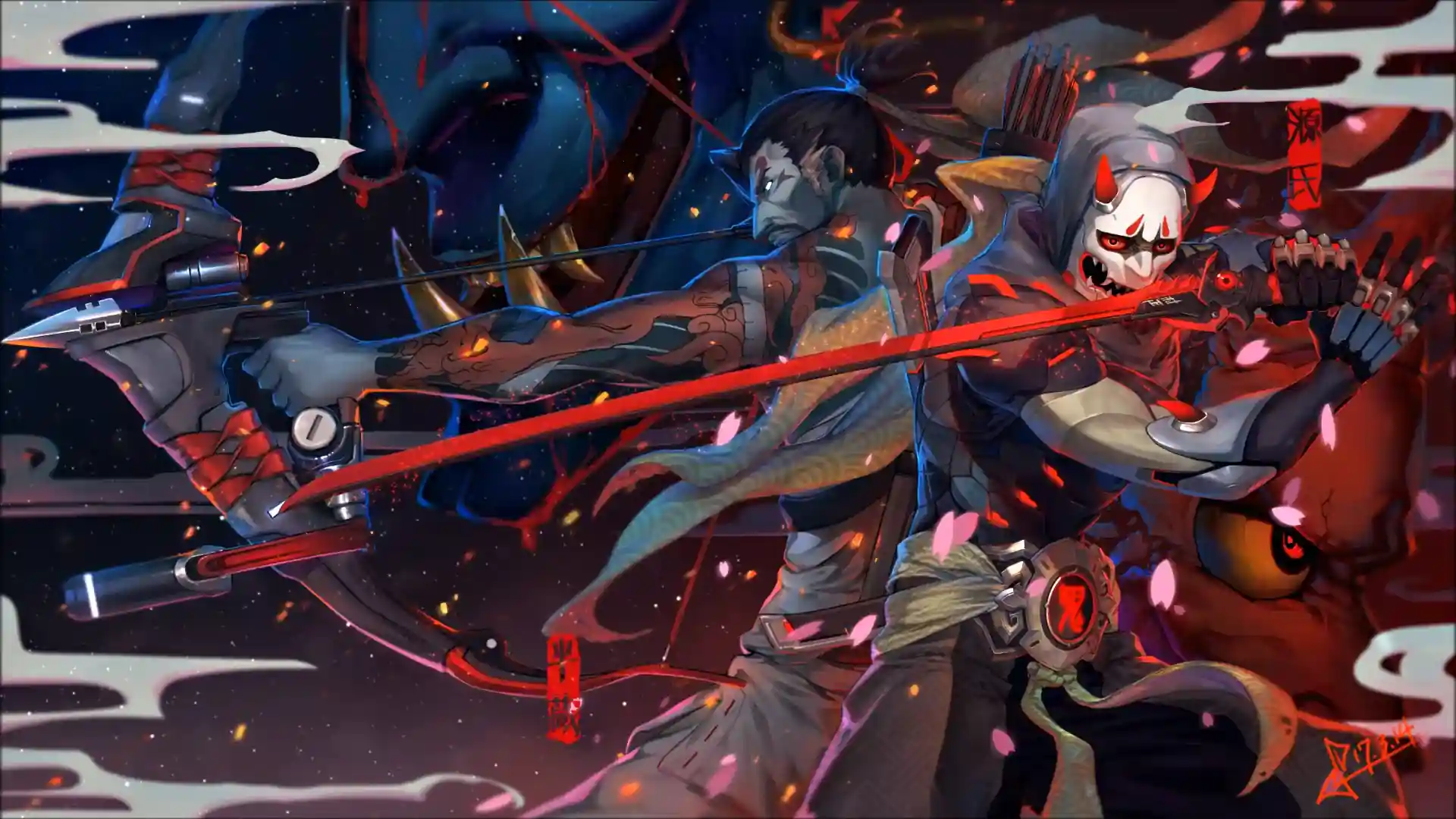 Genji and Hanzo from Overwatch standing back to back in a moonlit temple with glowing weapons and tense expressions in an epic gaming wallpaper.