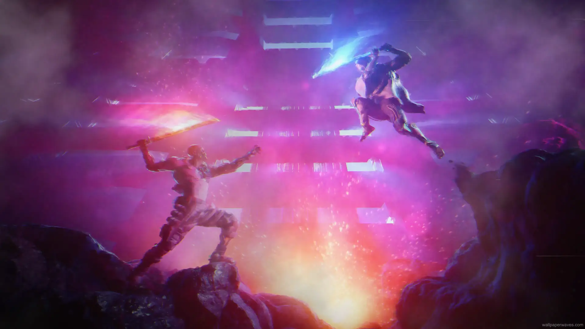 Two cybernetic warriors engage in a high-speed battle amidst a neon-lit futuristic city in this dynamic Ghostrunner x Trepang2 live wallpaper.