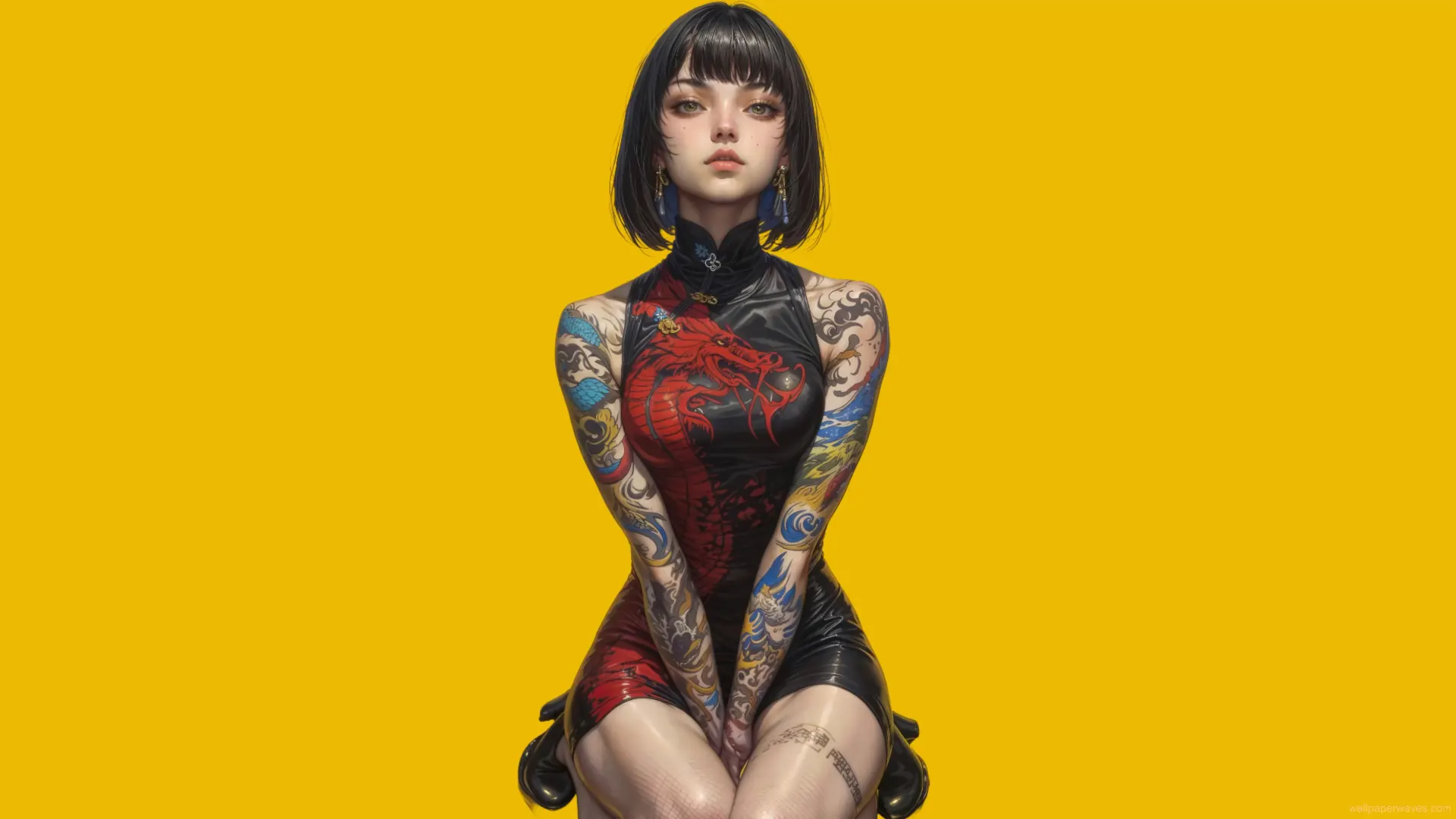 Girl with an intricate dragon tattoo on her back, standing in the moonlight with fog and glowing ink effects around her silhouette.