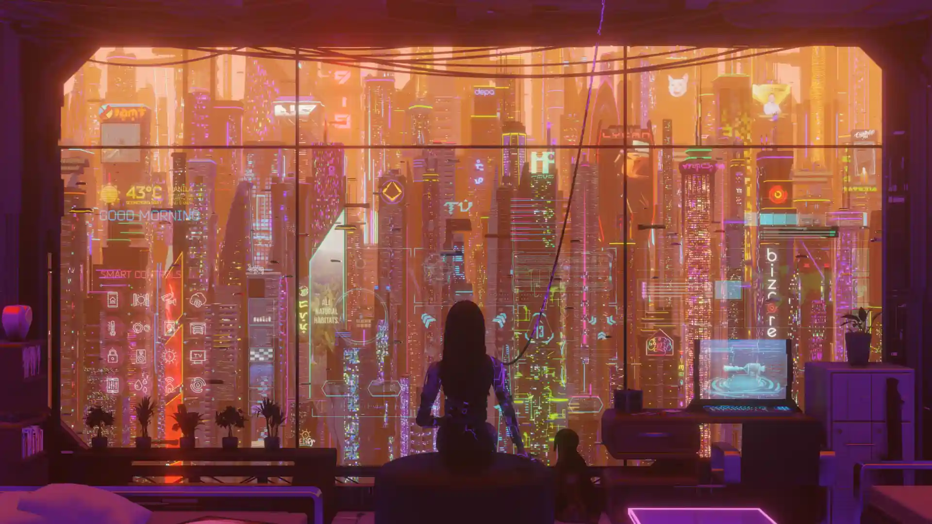 Girl sitting on rooftop gazing over neon-lit cyberpunk city skyline at night wallpaper.