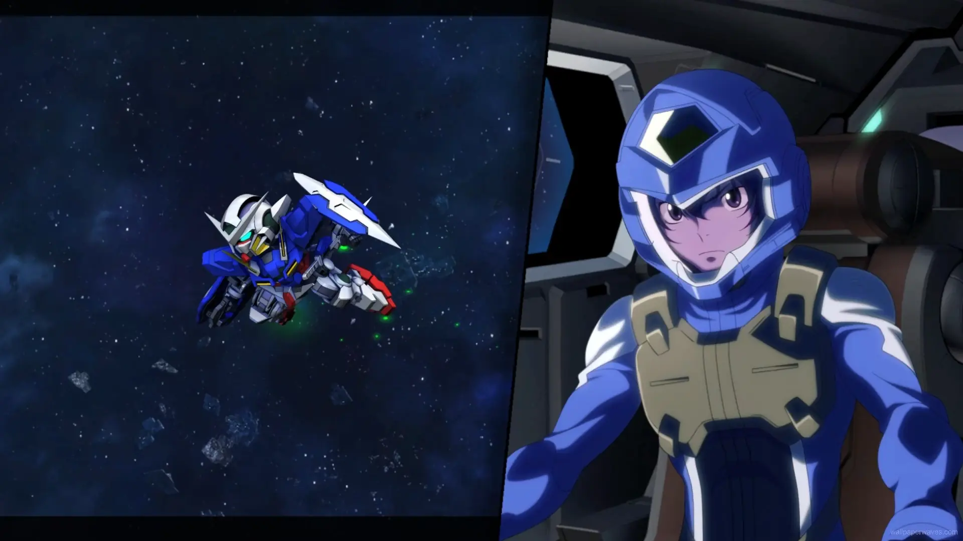 GN-001 Gundam Exia with Setsuna F. Seiei standing against a cosmic backdrop, ready for battle in a vibrant mecha anime wallpaper.