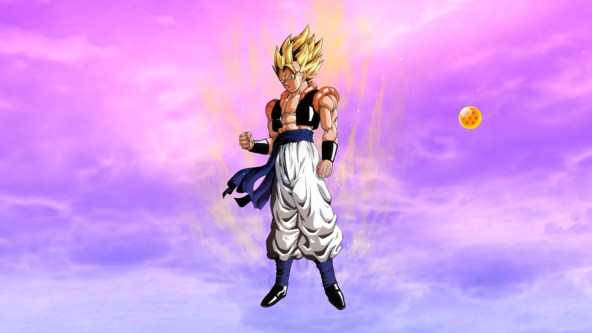 Gogeta from Dragon Ball Z in Super Saiyan Blue form surrounded by glowing energy and shockwaves in an epic anime action wallpaper.