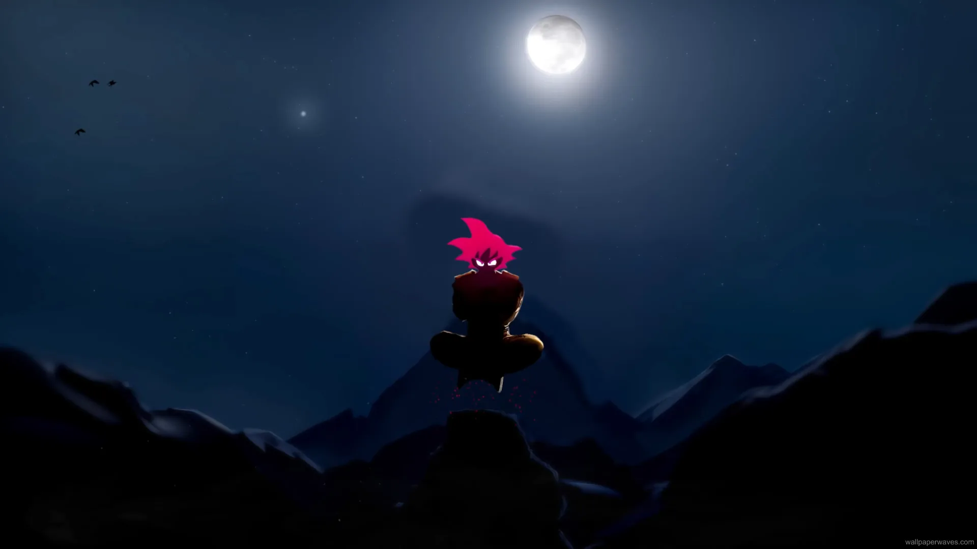 Goku from Dragon Ball standing silently on a hill under a full moon with glowing aura and peaceful night sky wallpaper.