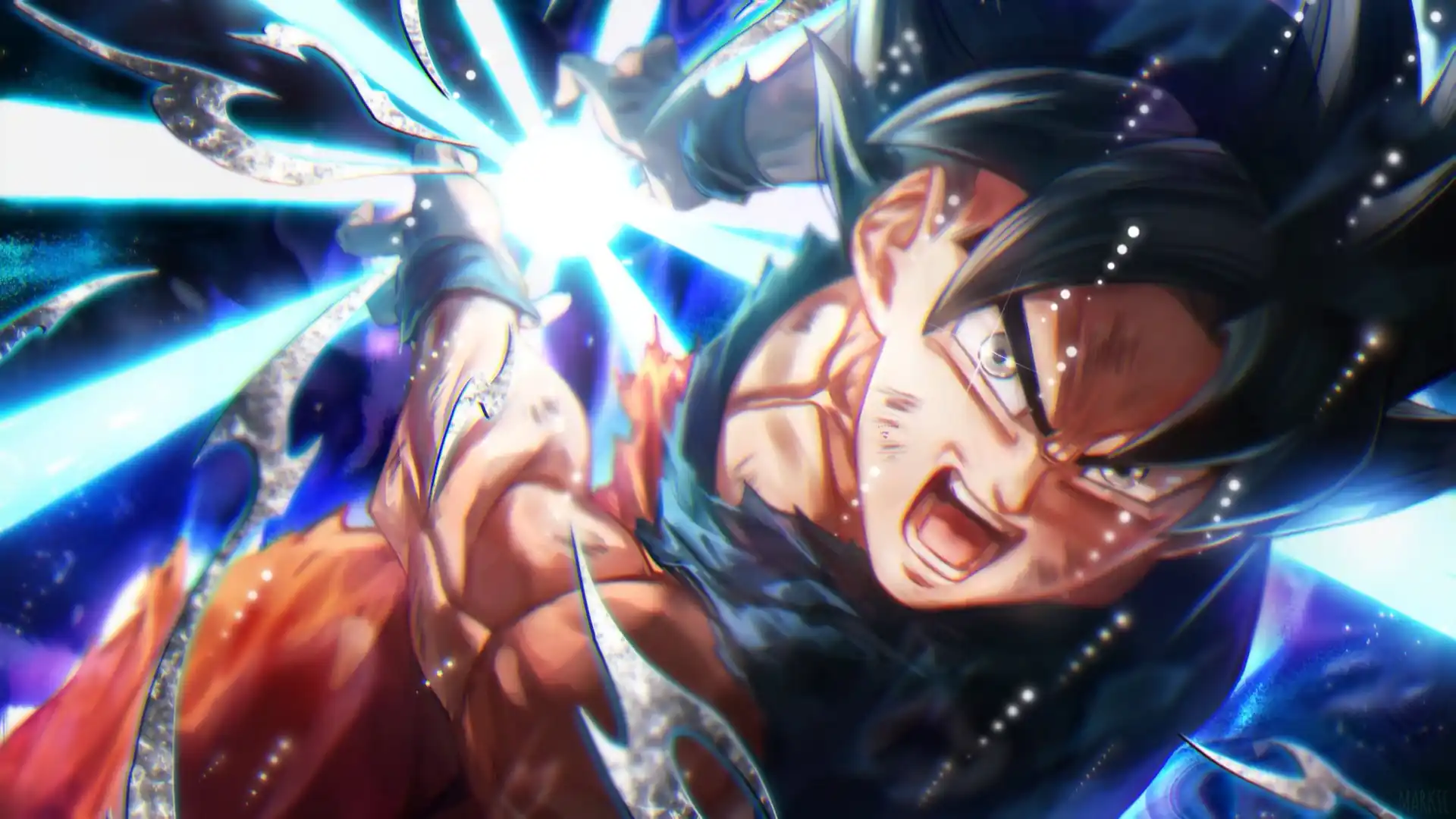 Goku in Ultra Instinct form preparing a Kamehameha mid-air, surrounded by glowing energy waves and lightning under a dark cosmic sky.
