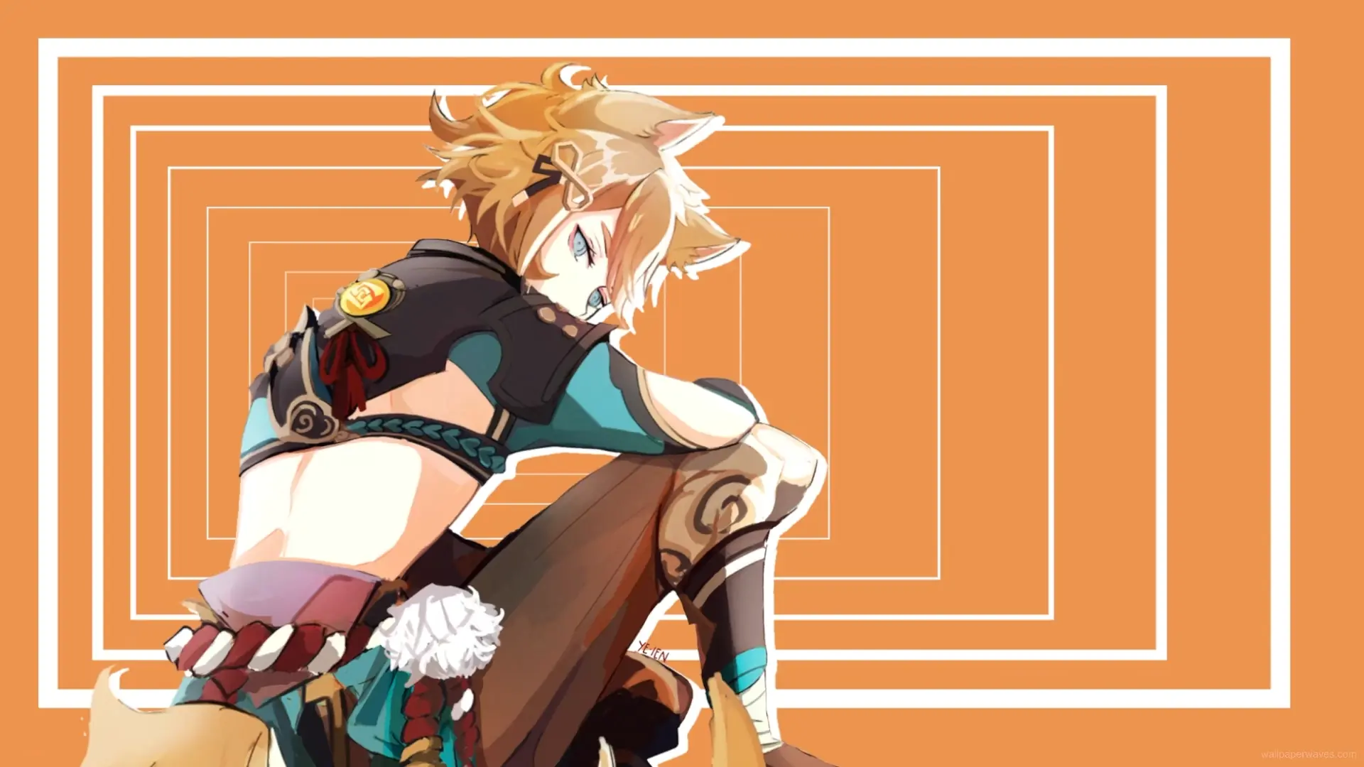 Gorou from Genshin Impact standing confidently in a swirling orange void, exuding determination and strength in this dynamic anime wallpaper.
