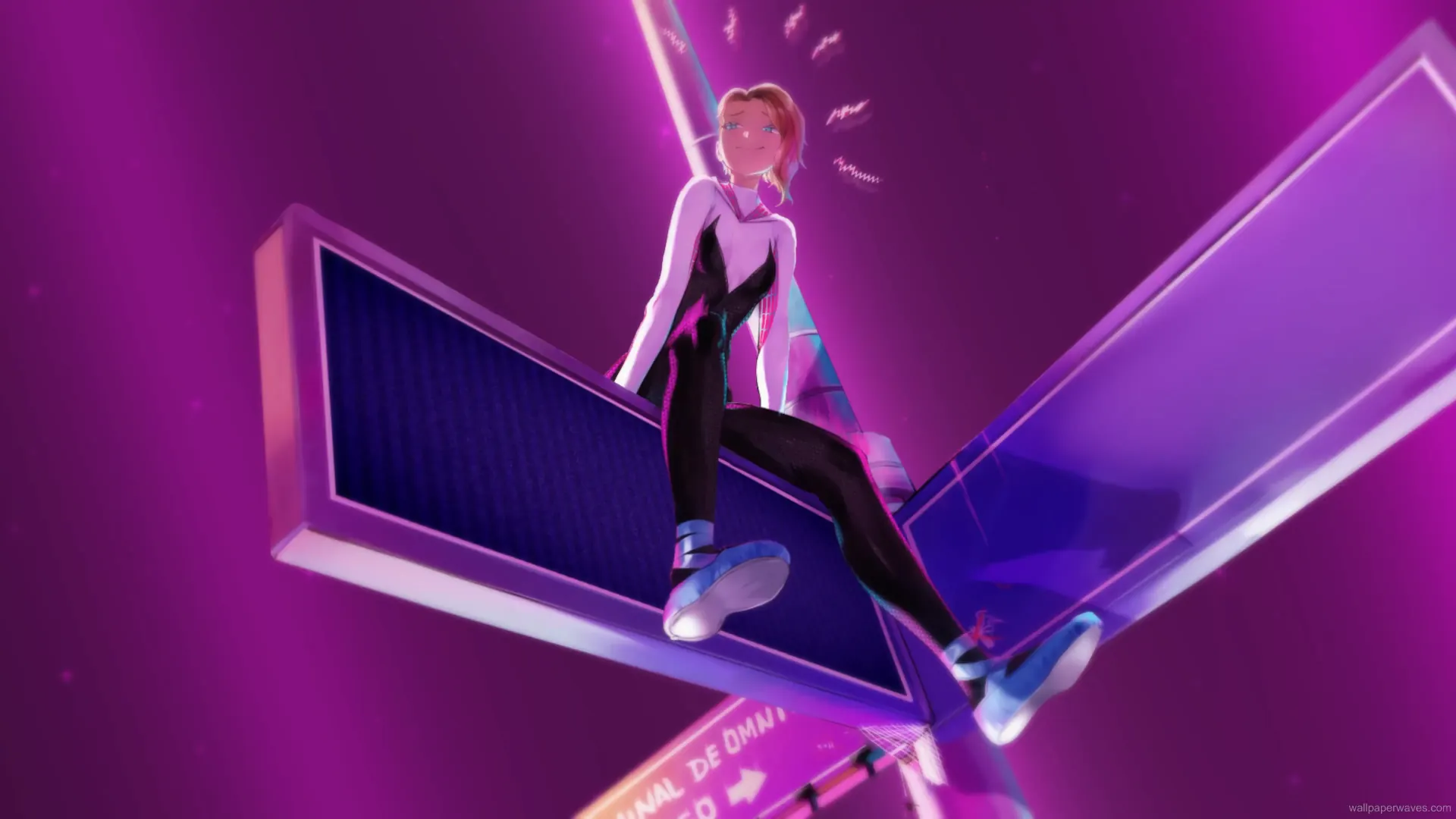 Gwen Stacy in a comic-style Spider-Verse panel wearing her white and pink suit mid-action with dynamic effects in a colorful animated wallpaper.