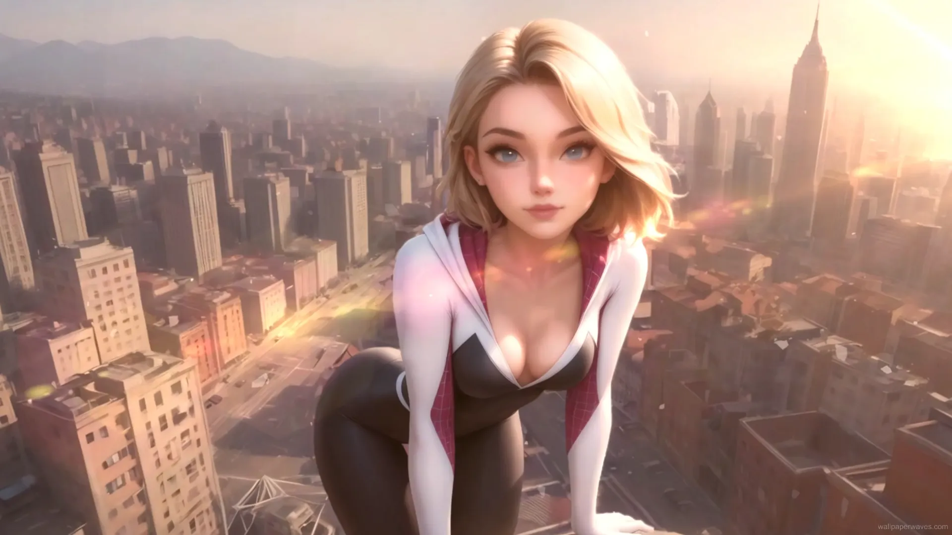 Gwen Stacy as Spider-Woman swinging through a neon-lit cityscape, showcasing agility and style in a vibrant superhero wallpaper.