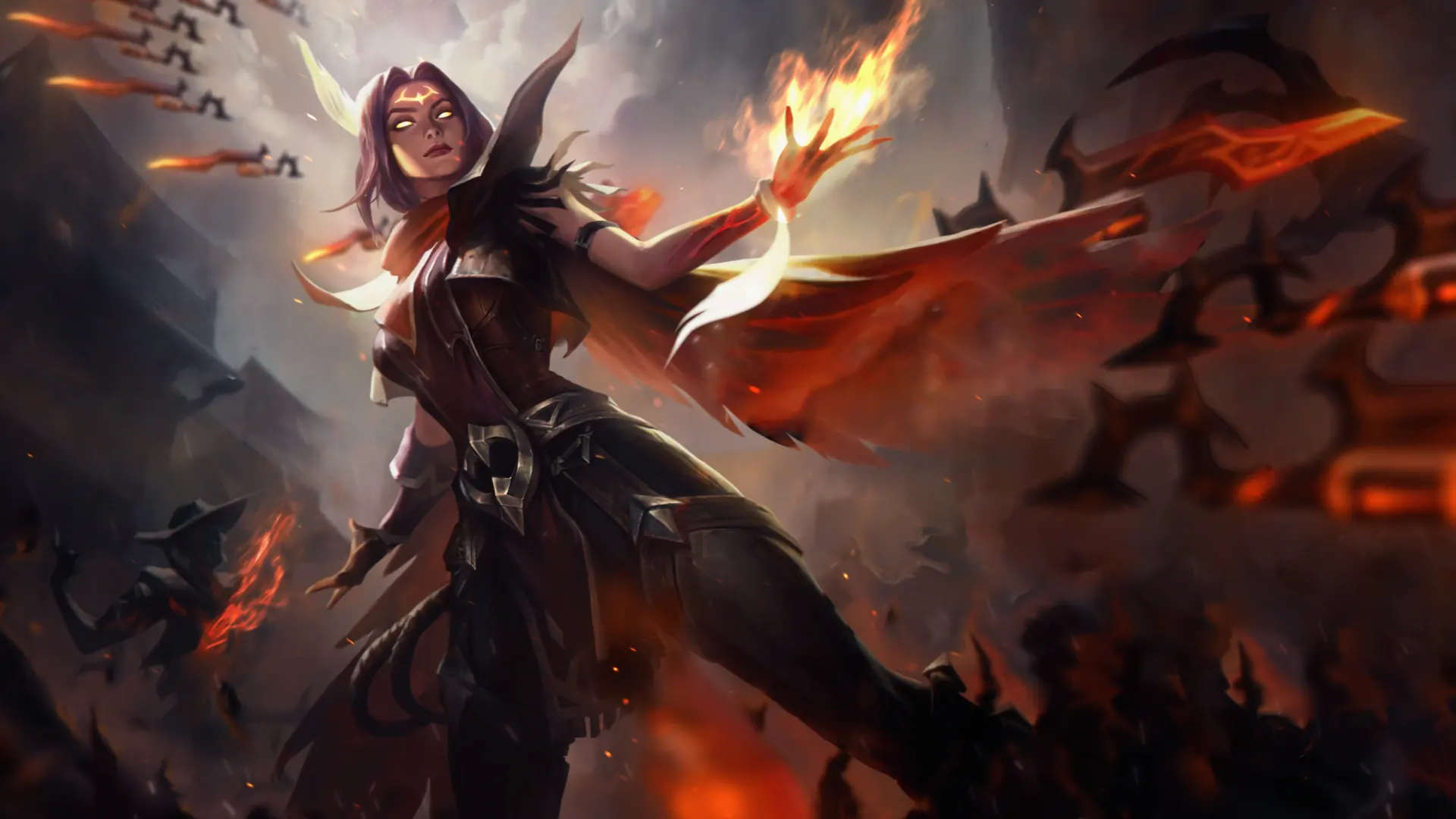 High Noon Irelia walking through fiery western town with floating blades and glowing sunset wallpaper.