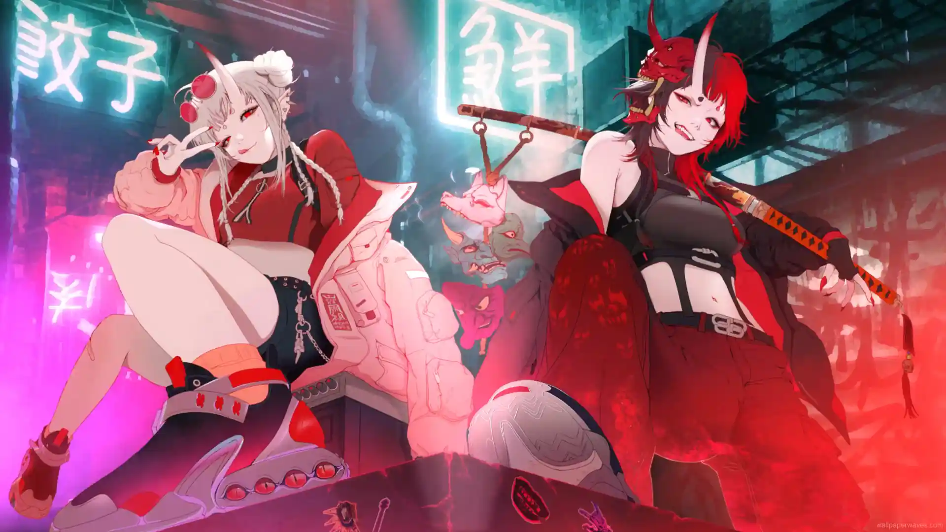 Hinoko and Liloro standing in a futuristic neon cyberpunk city with glowing signs, holographic light, and rainy atmosphere in a sci-fi wallpaper.