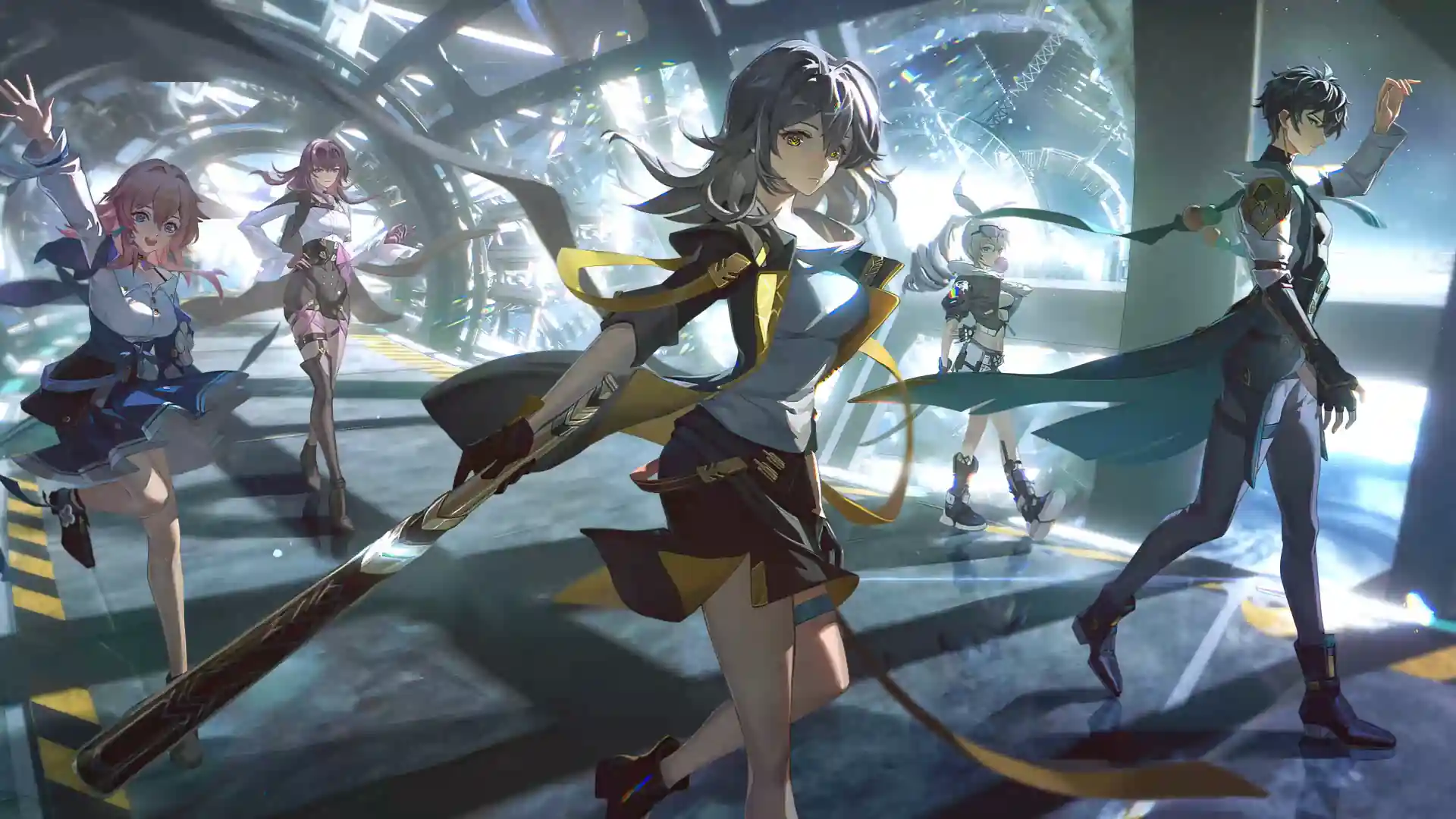 Trailblazer and main team from Honkai Star Rail standing heroically under a galactic sky with glowing effects and battle-ready poses in an anime wallpaper.