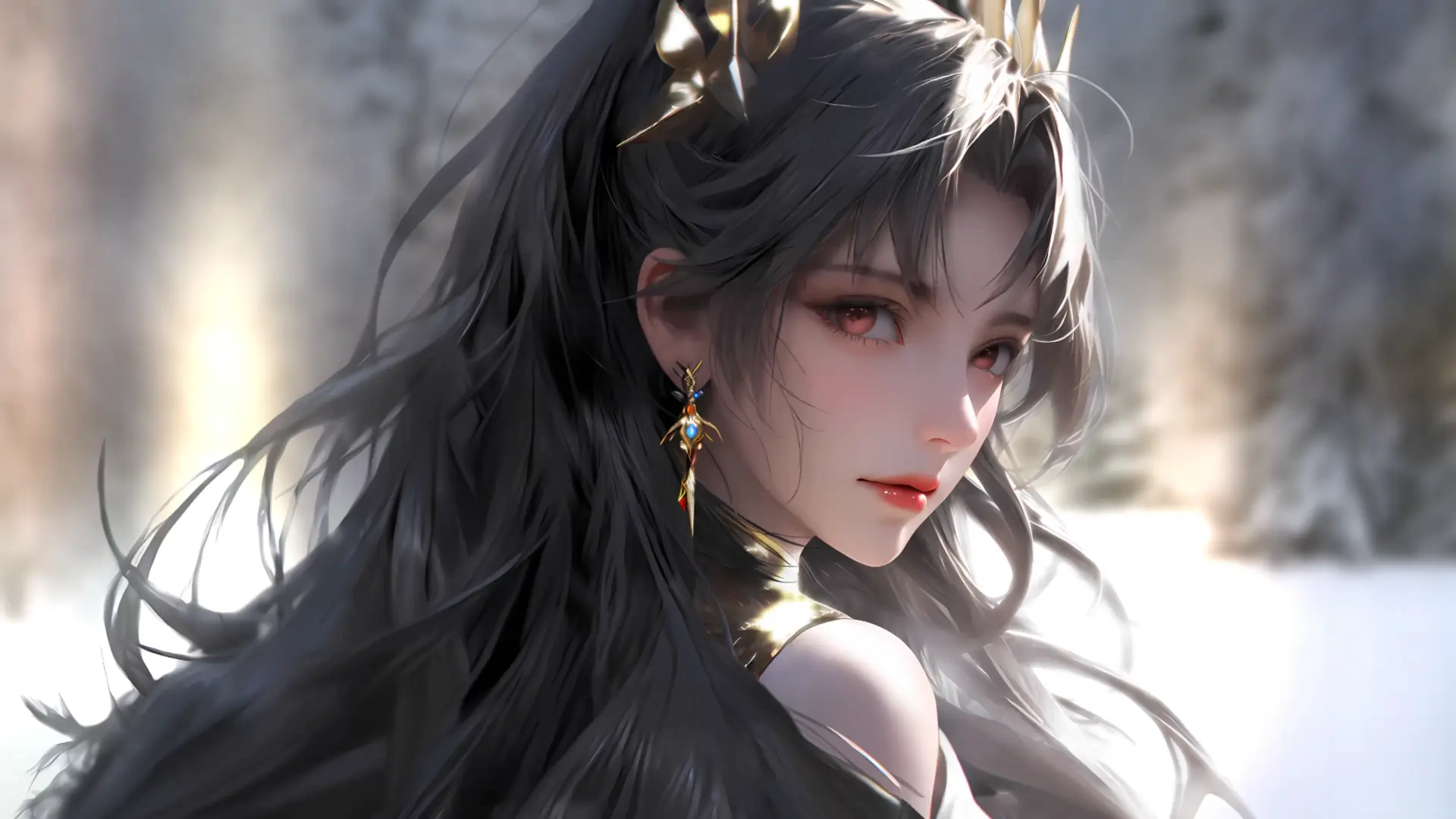 Ishtar from Fate/Grand Order flying above a starlit city with glowing weapons and golden light trails in a celestial anime wallpaper.