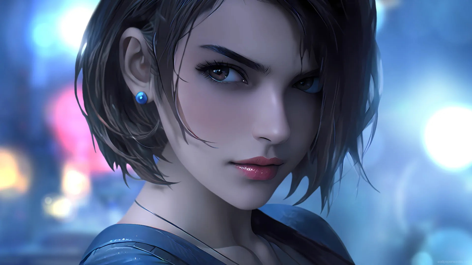 Jill Valentine standing in ruined city at night with pistol ready and glowing ash drifting through air wallpaper.