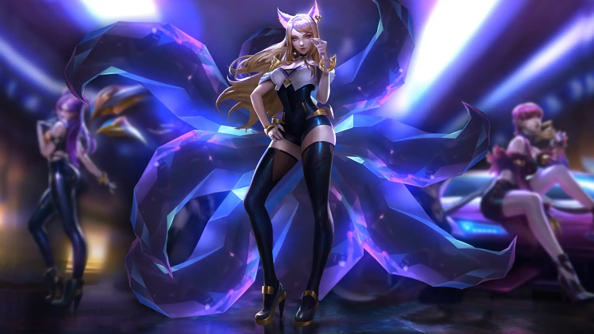 Ahri from League of Legends in her K/DA attire, performing on a neon-lit stage with dynamic lighting effects.