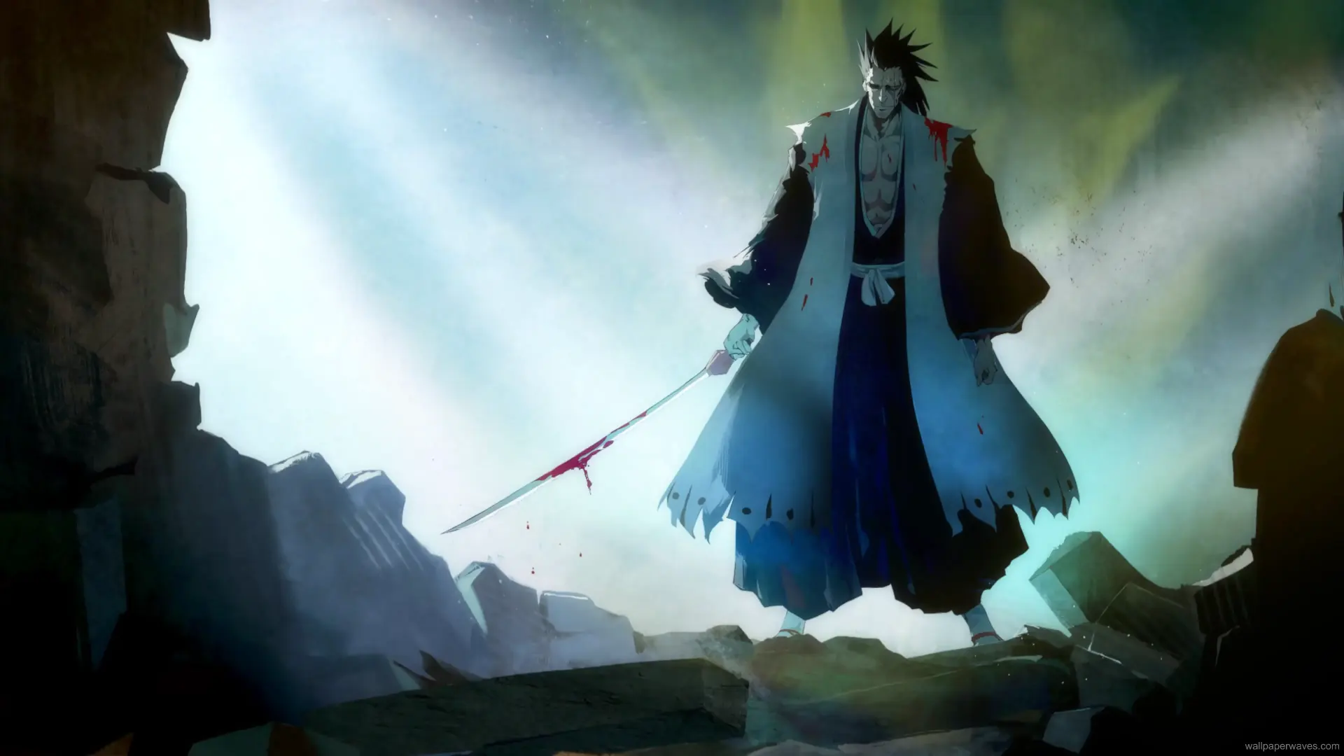 Kenpachi Zaraki standing under a red sky with a grin on his face and his sword resting on his shoulder in an intense Bleach anime wallpaper.