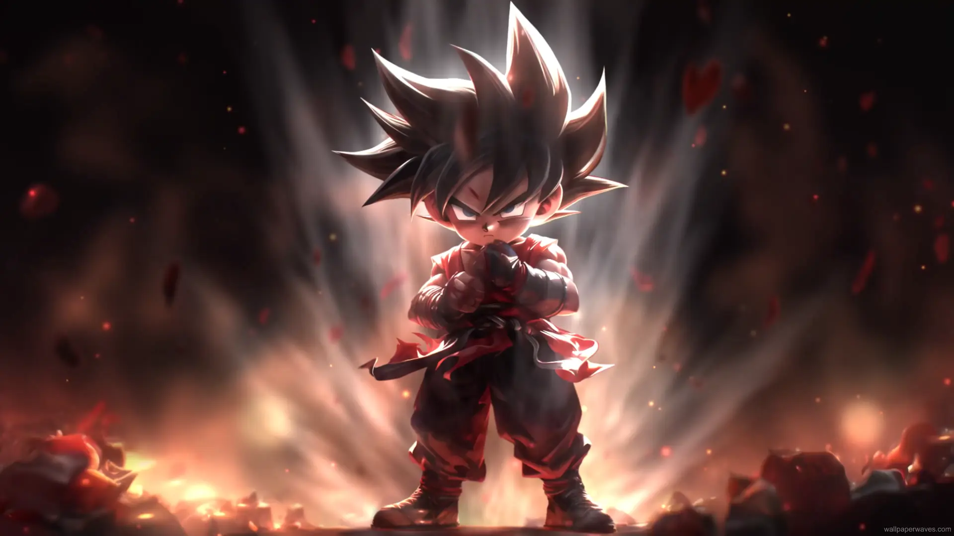 Kid Goku flying on the Nimbus cloud with Power Pole across a glowing sunset sky from Dragon Ball wallpaper.