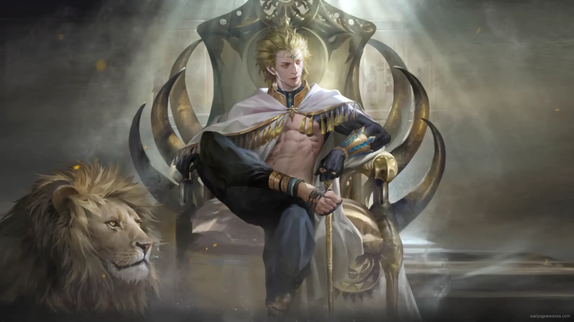 Gilgamesh from Fate series standing in golden armor with glowing portals and a confident pose surrounded by treasure in a mythological anime wallpaper.
