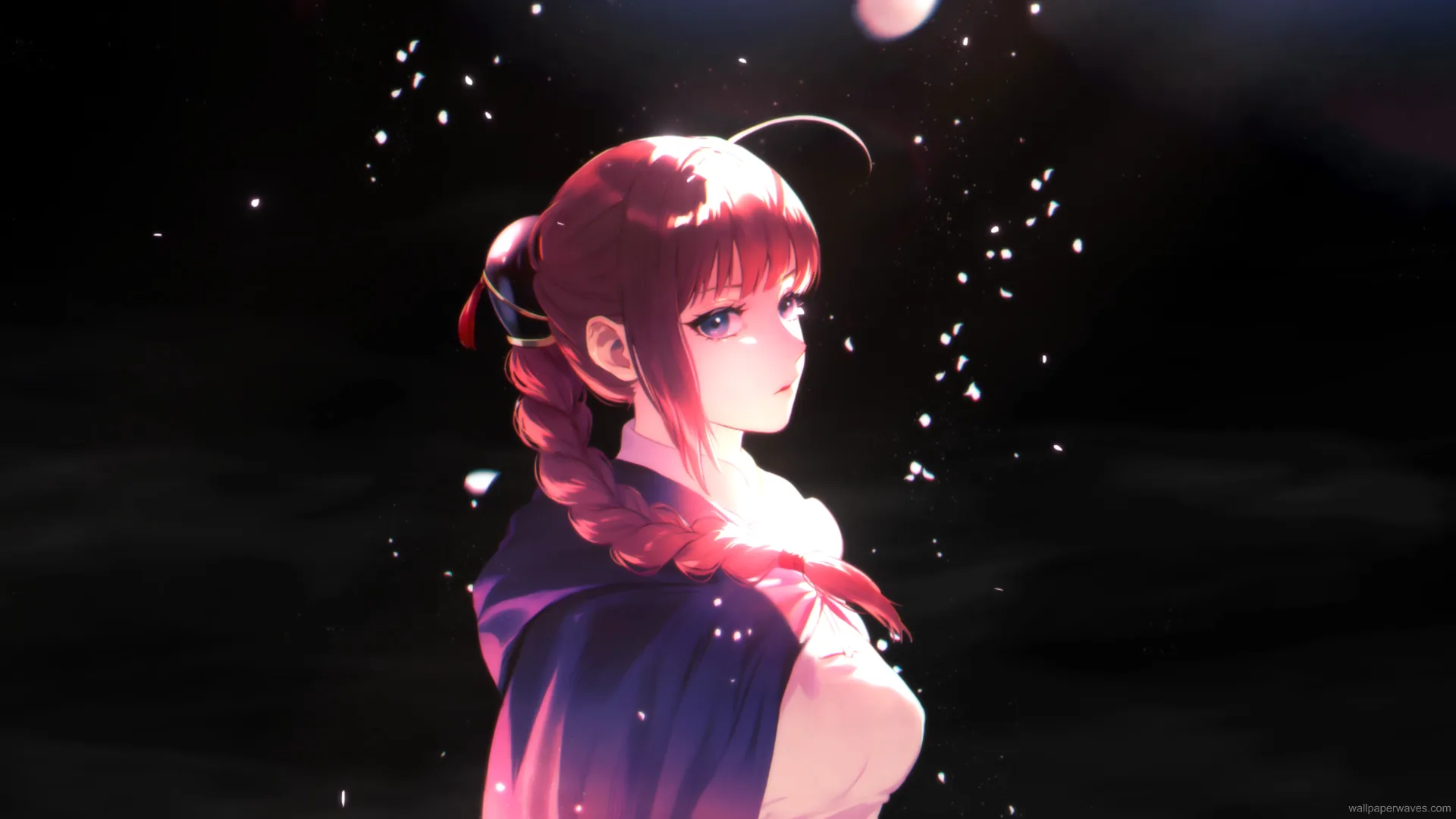 Kouka from Gintama standing under moonlight with a calm expression and subtle glow in a somber sci-fi anime wallpaper.