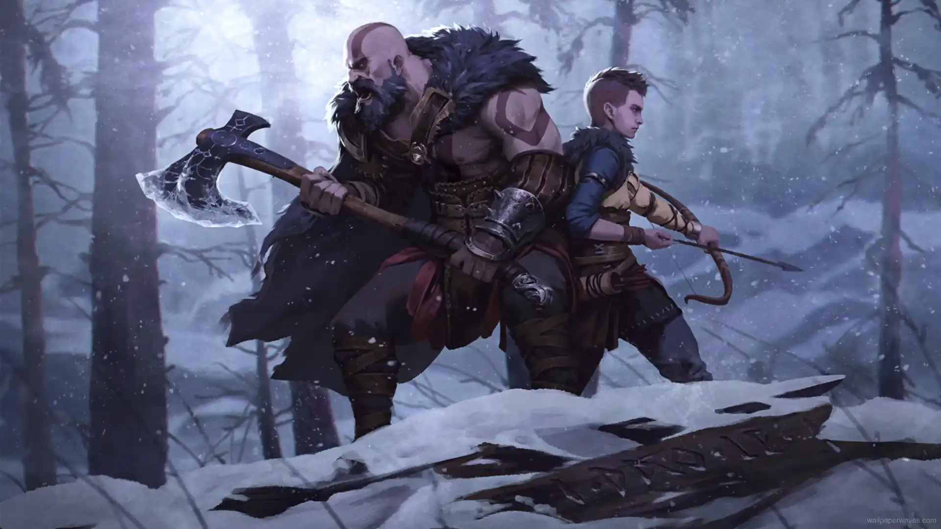 Kratos and Atreus standing side by side in a snowy battlefield with axe and bow drawn, surrounded by storm clouds and mountains in an epic action wallpaper.