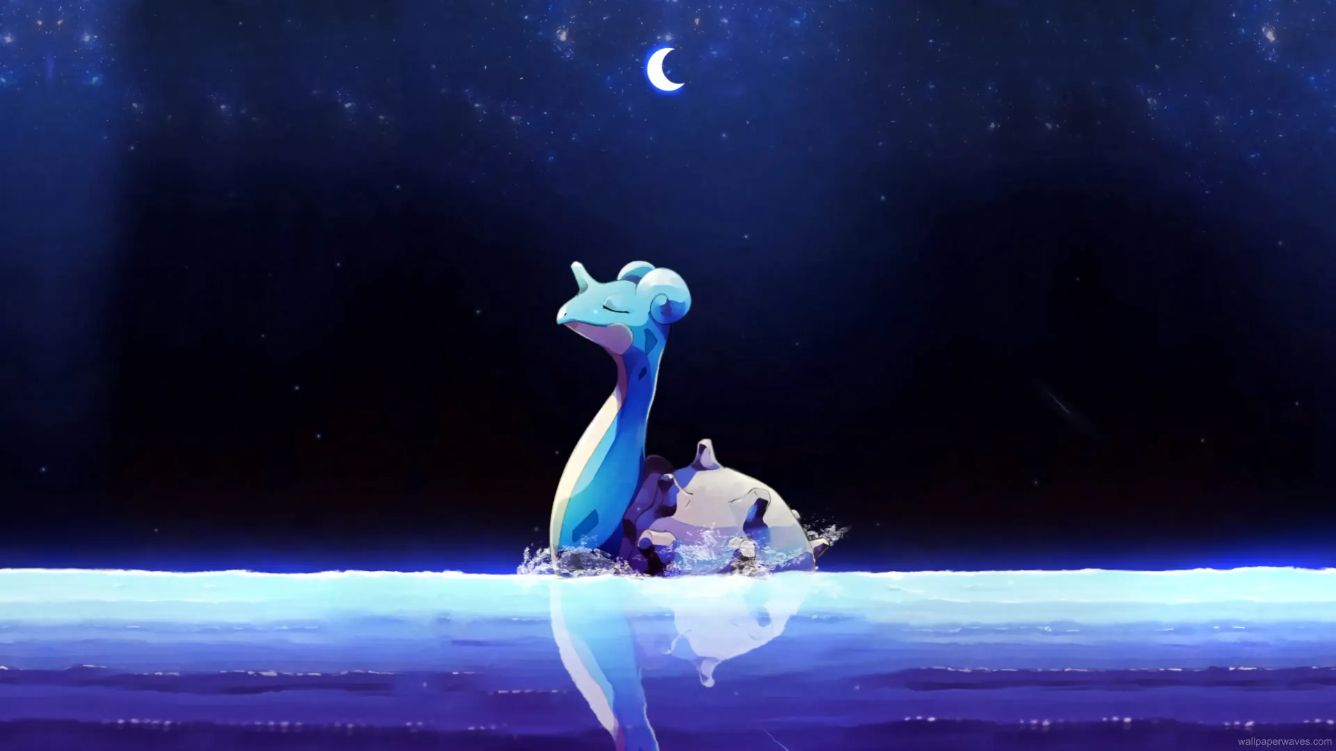 Lapras sailing peacefully across moonlit ocean waters under a glowing full moon in a dreamy Pokémon wallpaper.