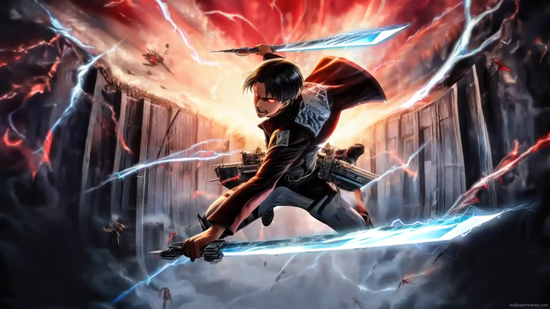 Levi Ackerman standing in a ruined city with his cloak blowing in the wind and embers floating around him in a solemn Attack on Titan anime wallpaper.