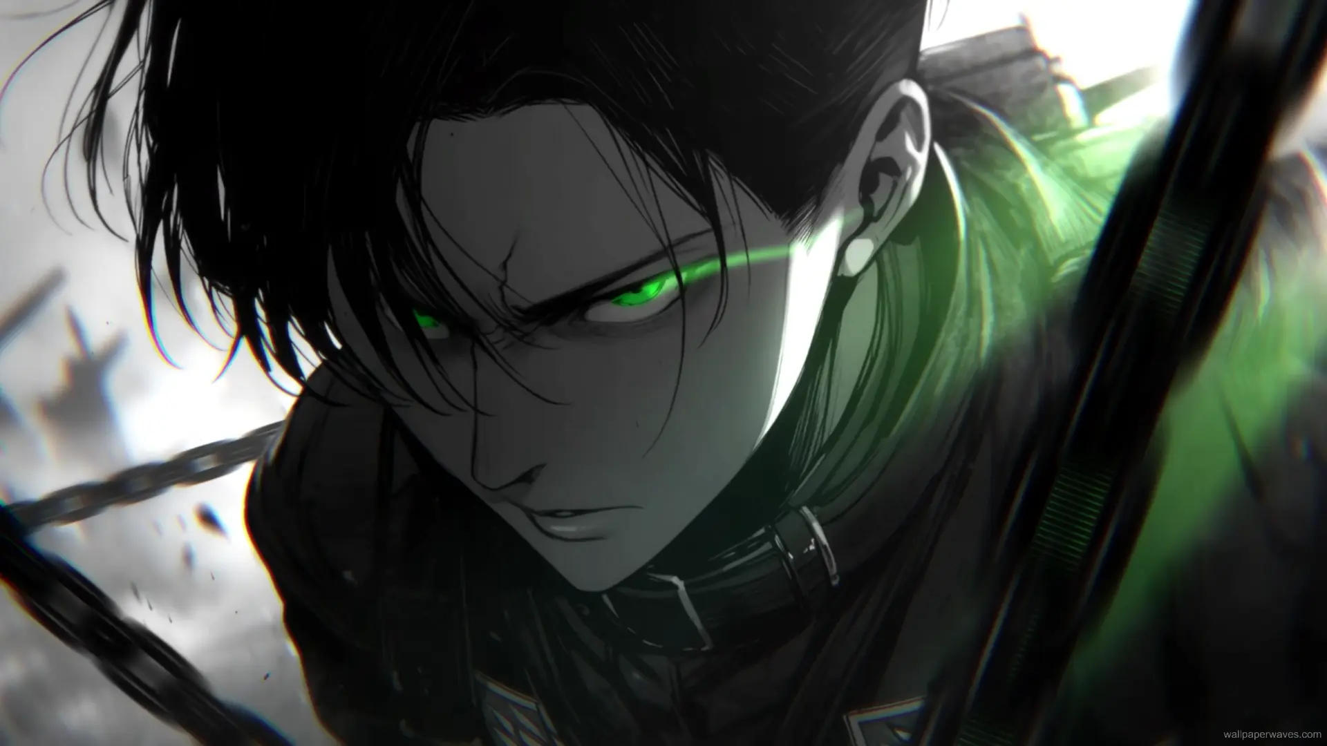 Levi Ackerman standing in a ruined cityscape with twin blades drawn and wind blowing his cape in Attack on Titan wallpaper.