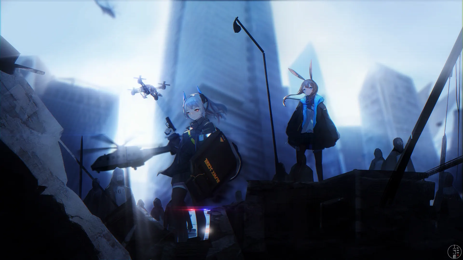 Liskarm and Amiya from Arknights standing side by side with glowing weapons and wind-blown outfits in a tactical anime wallpaper.