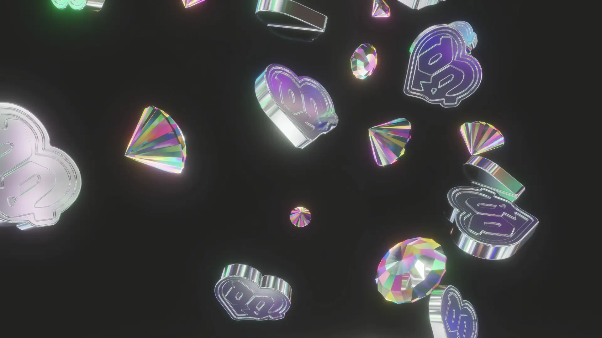 Floating heart-shaped pills and diamonds glowing in neon pink and blue colors, suspended in a surreal abstract space with soft lighting.