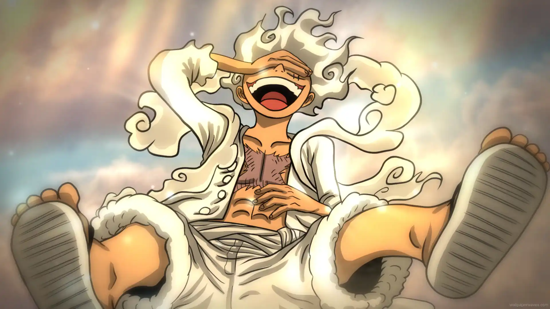 Luffy in Gear 5 form from One Piece with glowing eyes and cartoon-like energy flying through a stormy sky with lightning in the background wallpaper.