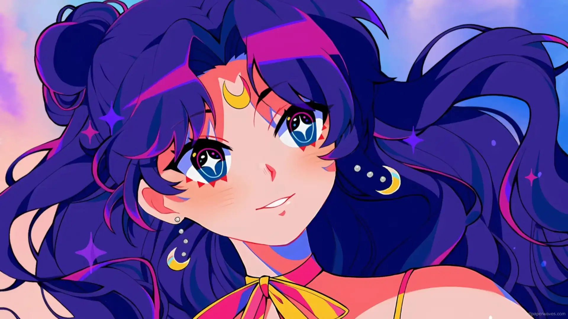Luna from Sailor Moon resting under glowing moonlight with stars and a soft magical night aura in a peaceful anime wallpaper.