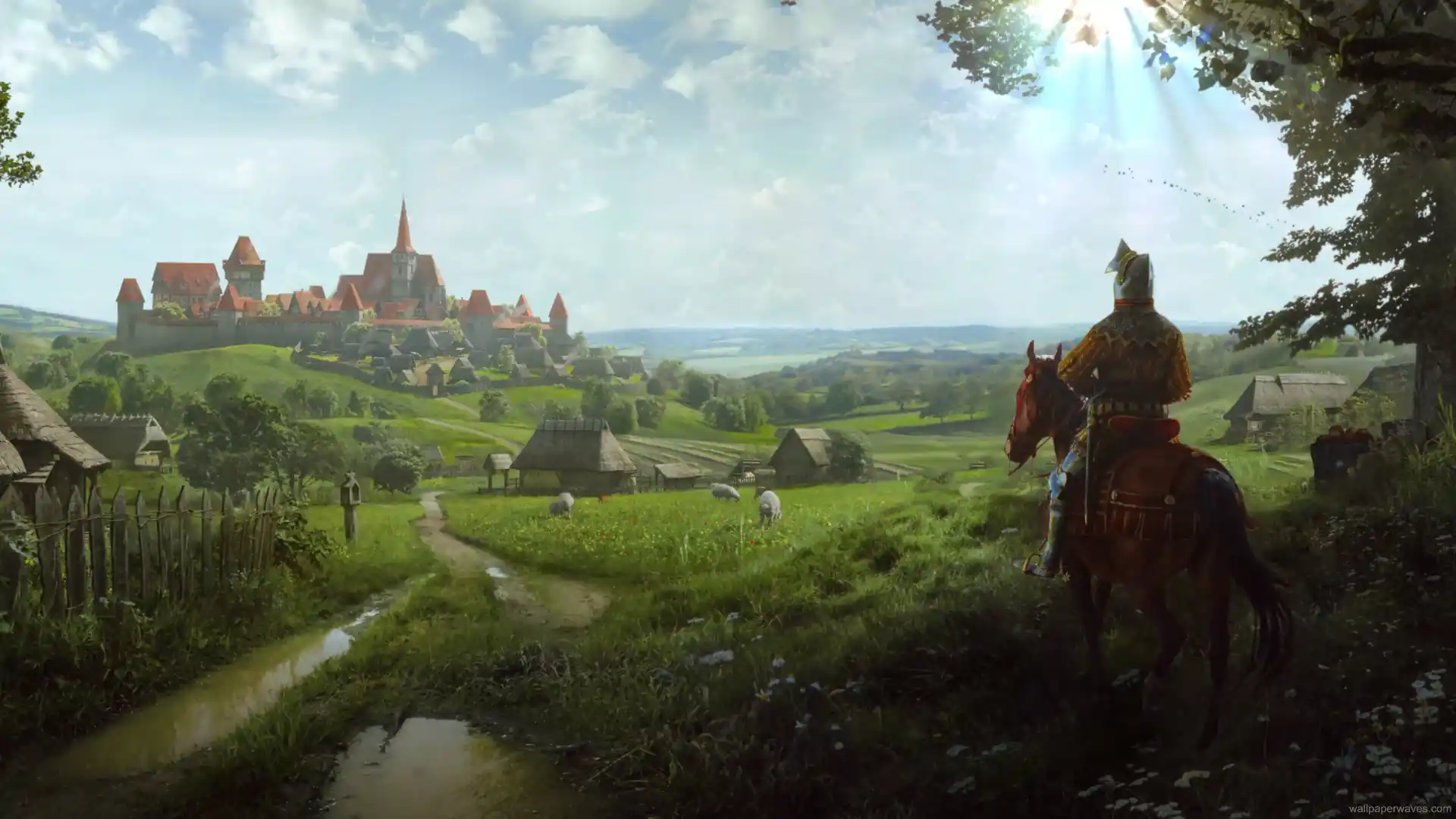 Medieval lord standing on a wooden tower overlooking foggy village rooftops and farmland, Manor Lords wallpaper.