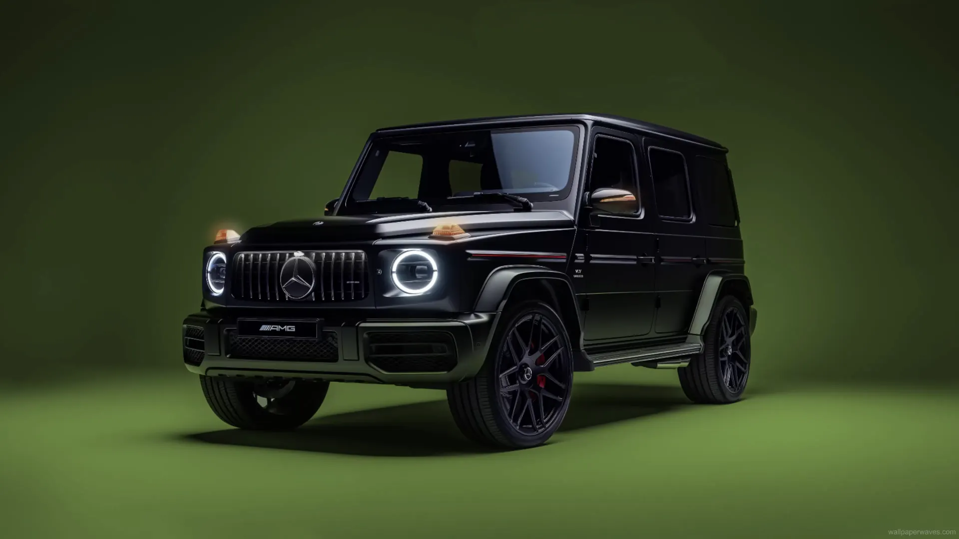 Mercedes AMG G 63 driving through neon city lights with glowing reflections and luxury SUV style in an urban automotive wallpaper.