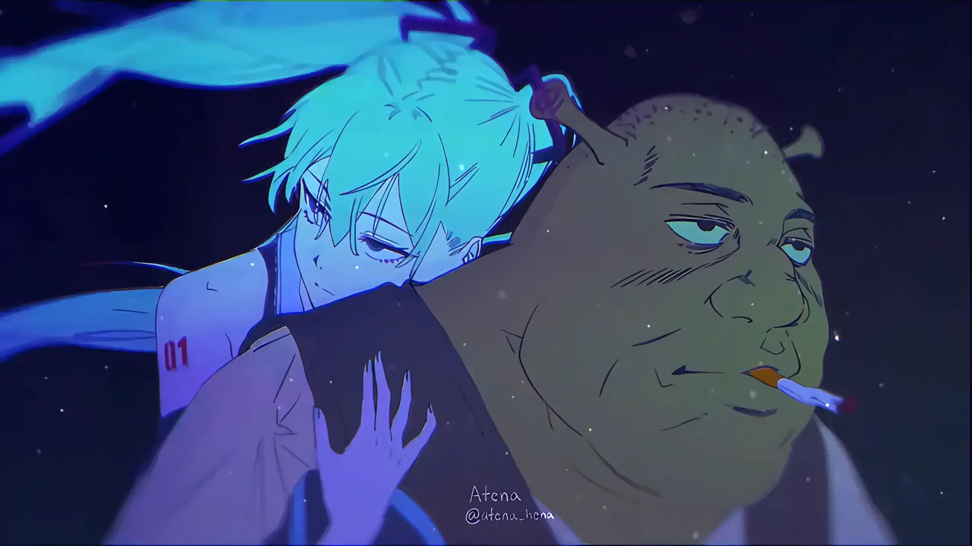 Hatsune Miku and Shrek performing together in a magical swamp with sparkles and musical notes wallpaper.