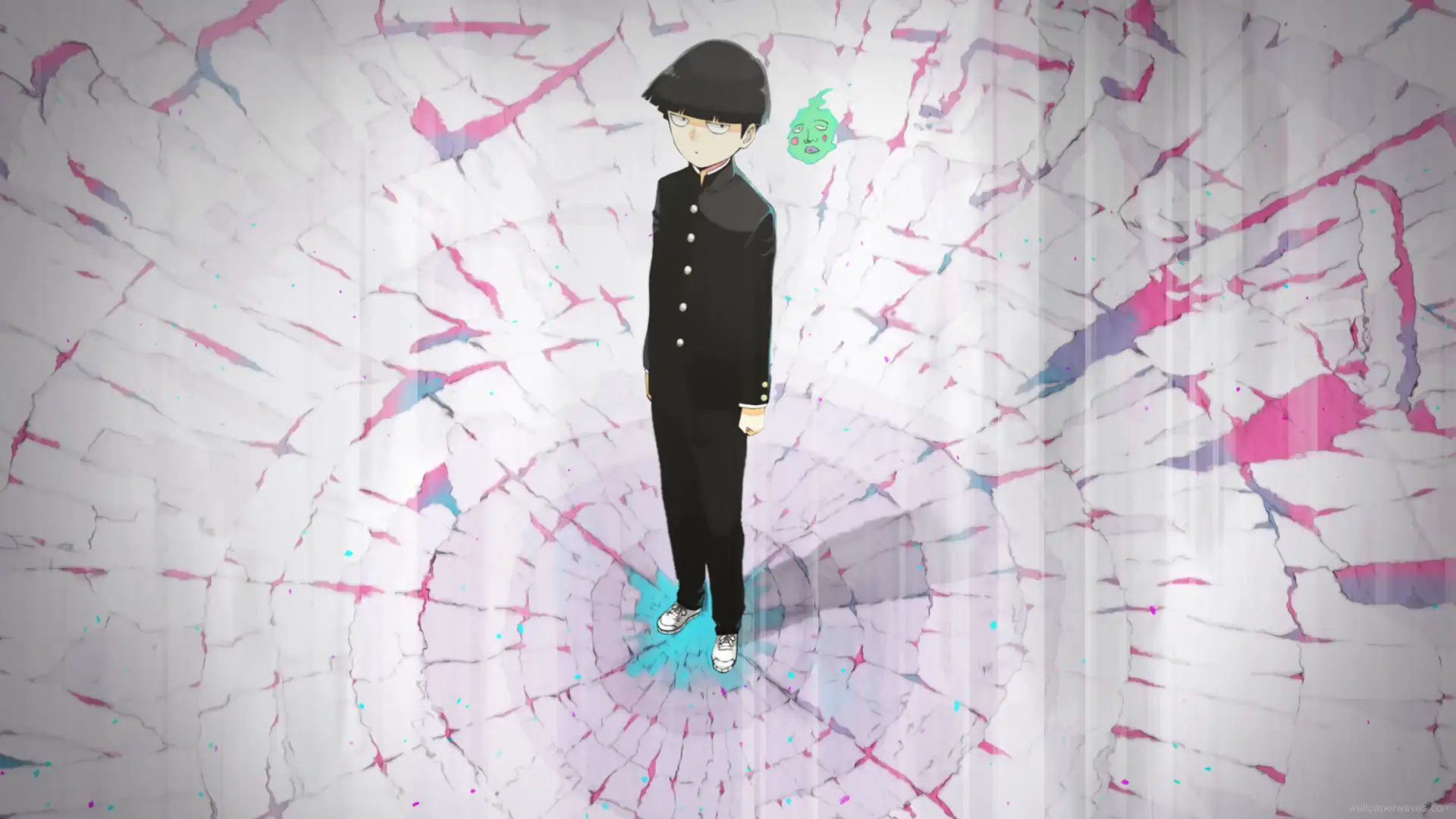 Shigeo Kageyama and Ekubo from Mob Psycho 100 floating in glowing psychic energy with intense emotion and swirling effects in an anime wallpaper.