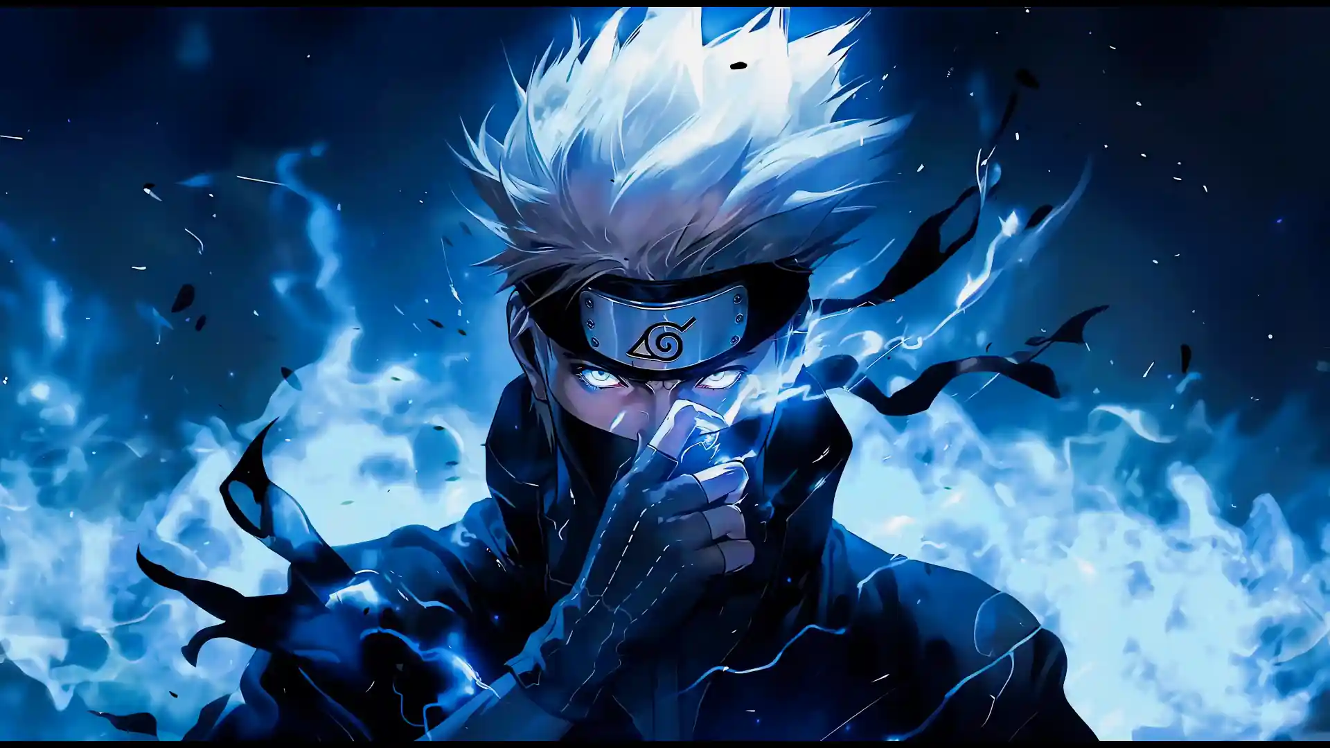 Kakashi Hatake from Naruto wielding Chidori amidst a dark forest, lightning illuminating his Sharingan eye in a dynamic anime wallpaper.