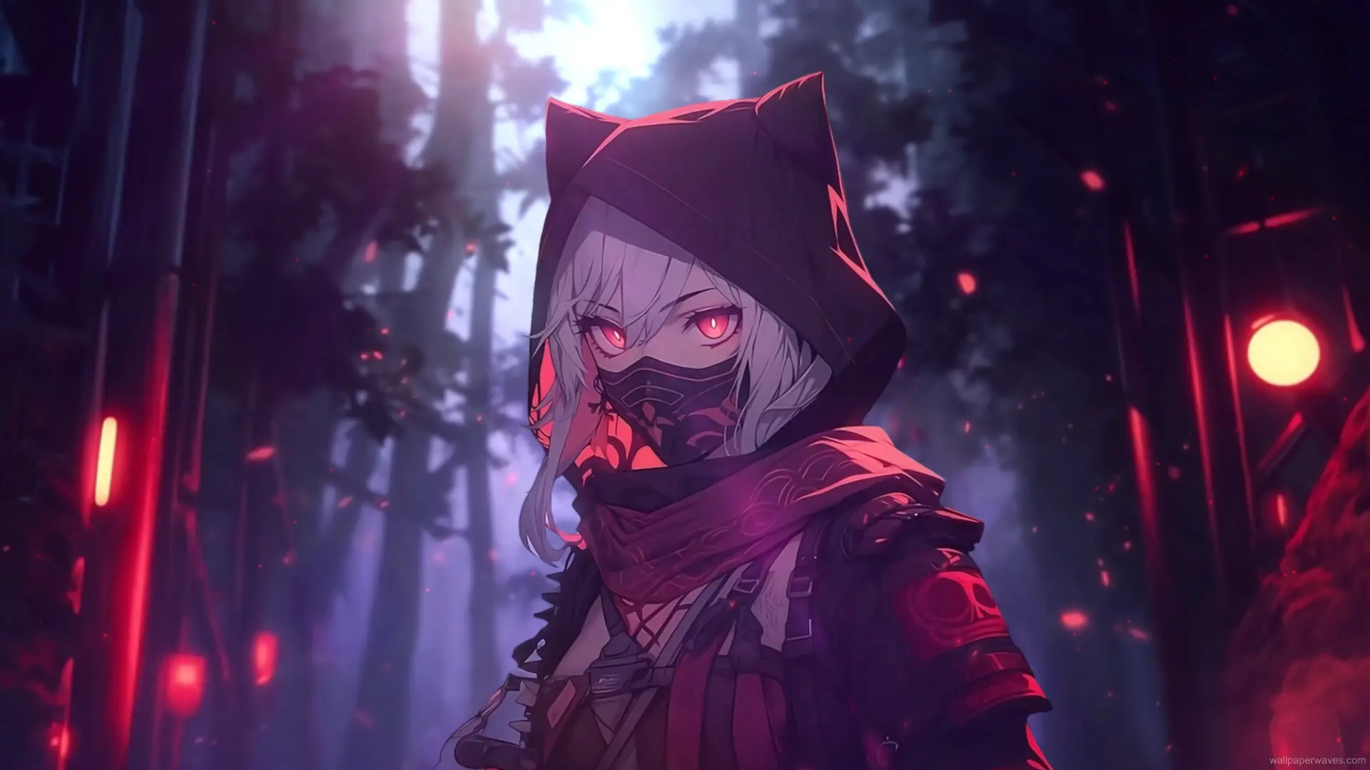 Cat-eared anime ninja girl standing under the moon with a katana, surrounded by cherry blossoms and temple rooftops in a night scene wallpaper.