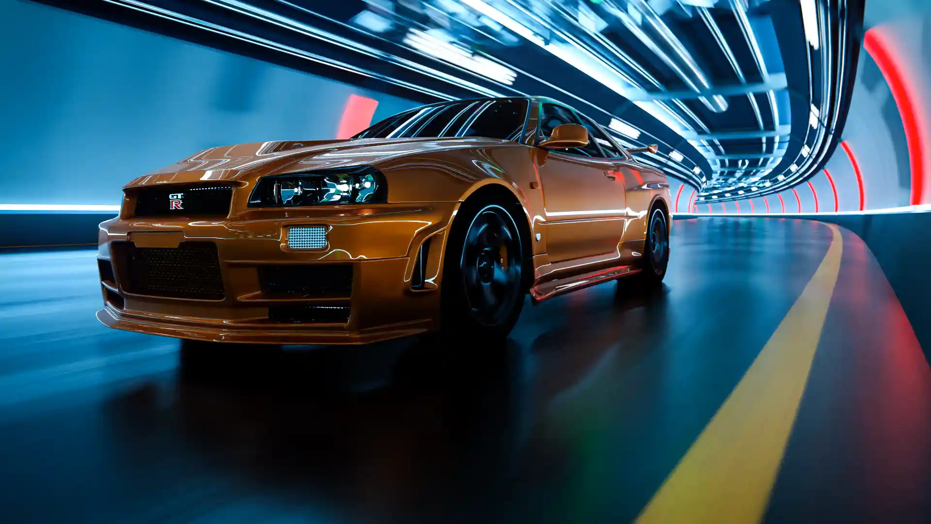 Nissan Skyline GTR R34 driving through a neon tunnel with glowing lights reflecting off the car in a high-speed automotive wallpaper.
