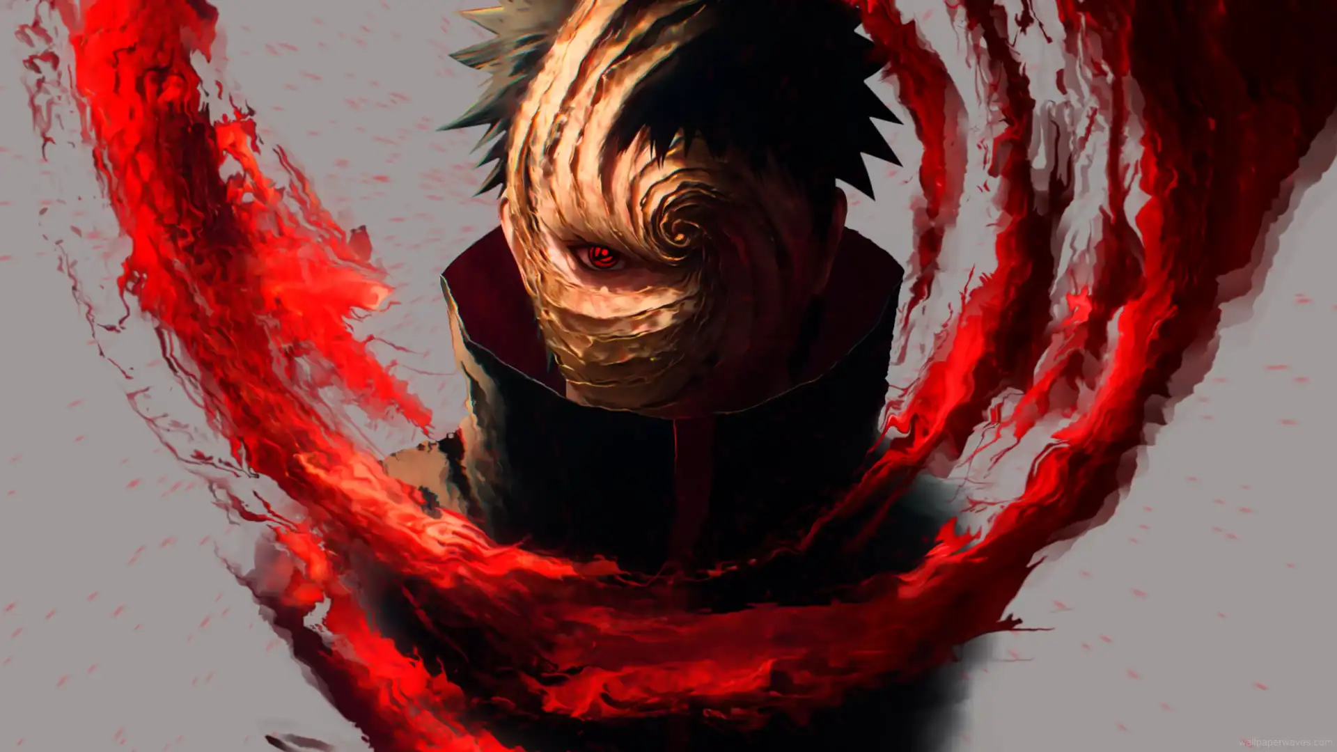 Obito Uchiha wearing a cracked orange mask with glowing Rinnegan eye, standing in a fiery battlefield surrounded by floating embers and shadows.