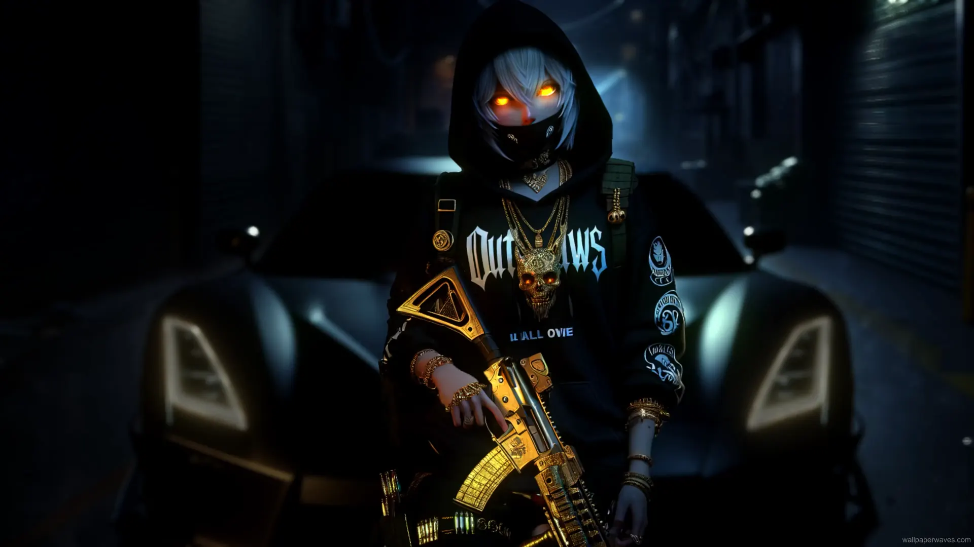 Outlaw girl Lyx sitting on a cyberbike in a neon-lit city with pistols and smoke around her in a futuristic gangster-style wallpaper.