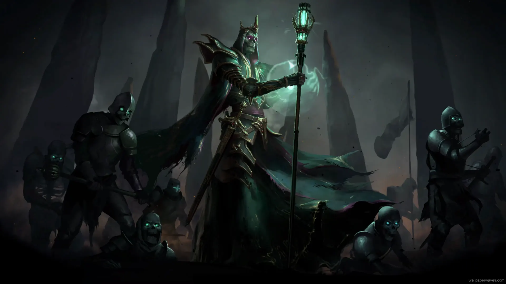 Heroic warrior from Pathfinder: Wrath of the Righteous standing in glowing armor with a sword raised on a burning battlefield under a stormy infernal sky.