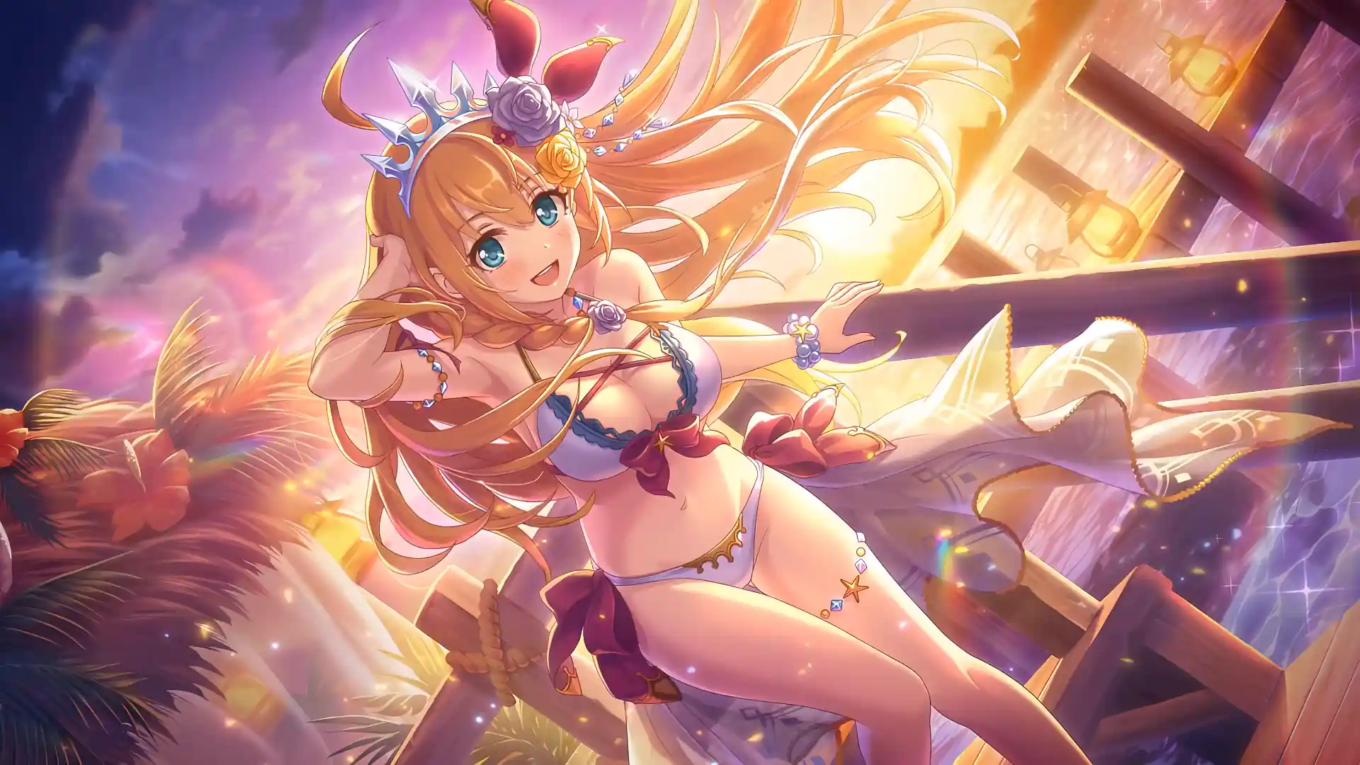 Pecorine smiling brightly in her shining armor surrounded by food under a clear sky from Princess Connect Re:Dive wallpaper.