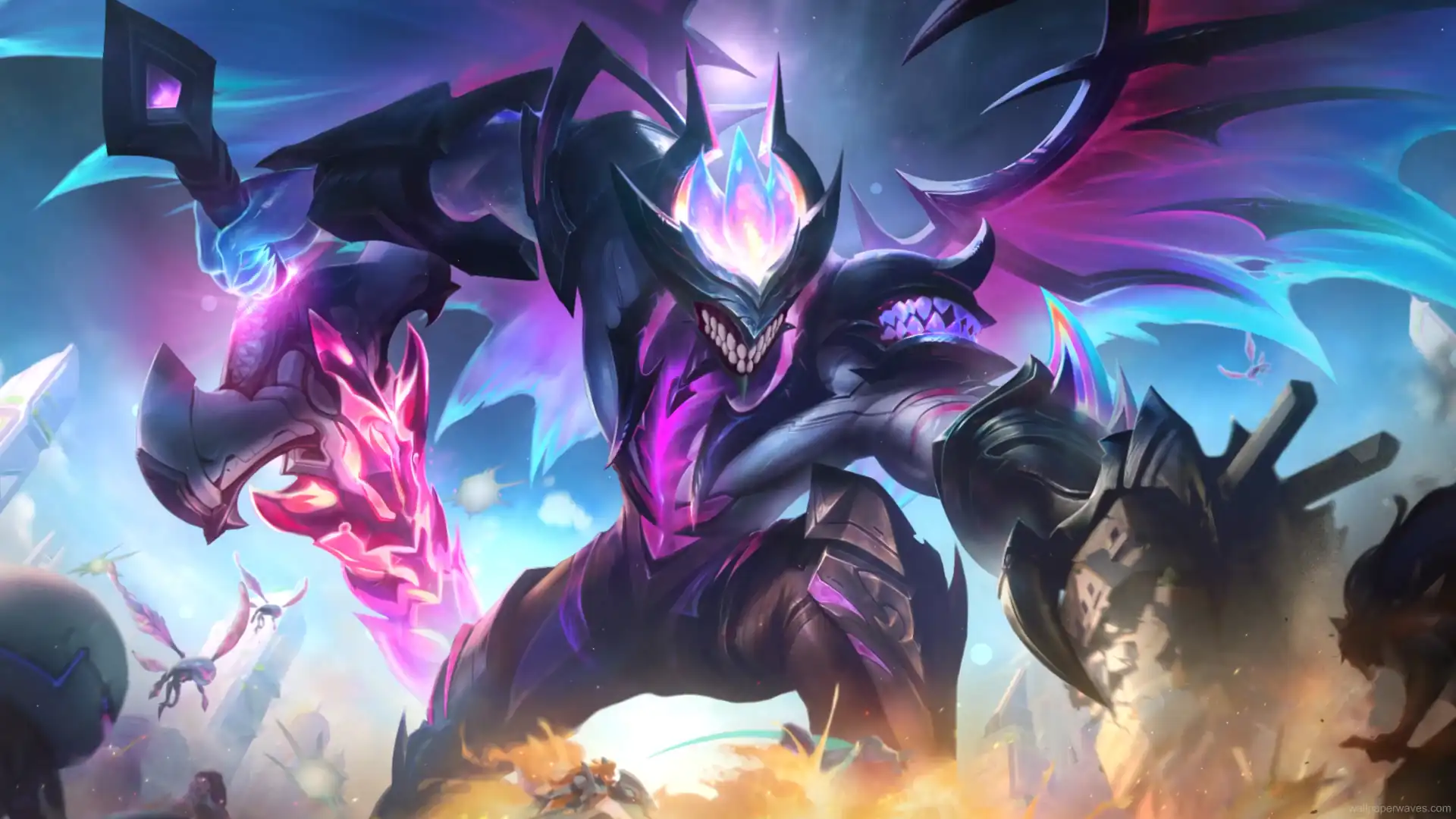 Primordial Aatrox rising from molten chaos with glowing runes and massive dark wings in a League of Legends fantasy wallpaper.