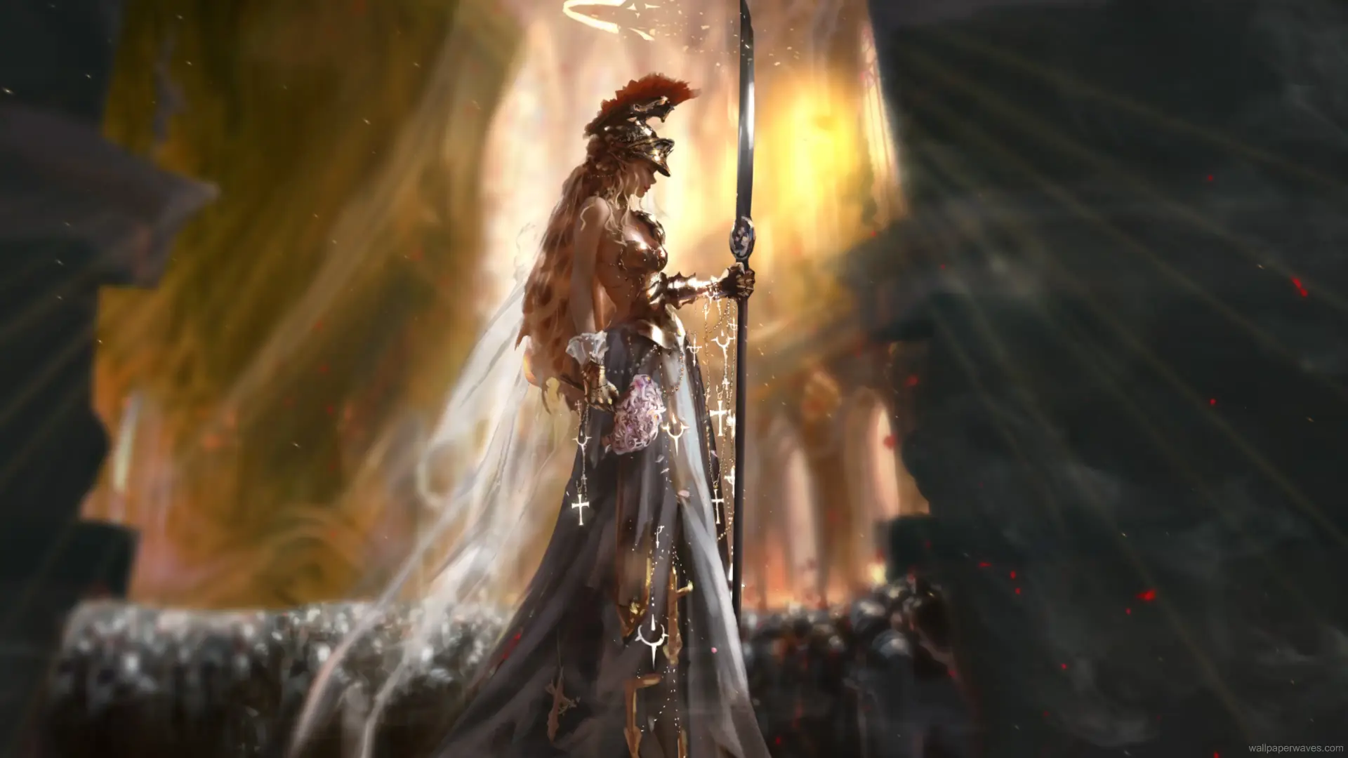 A fierce queen warrior in battle armor standing under a stormy sky with a glowing sword and crown in a powerful fantasy wallpaper.