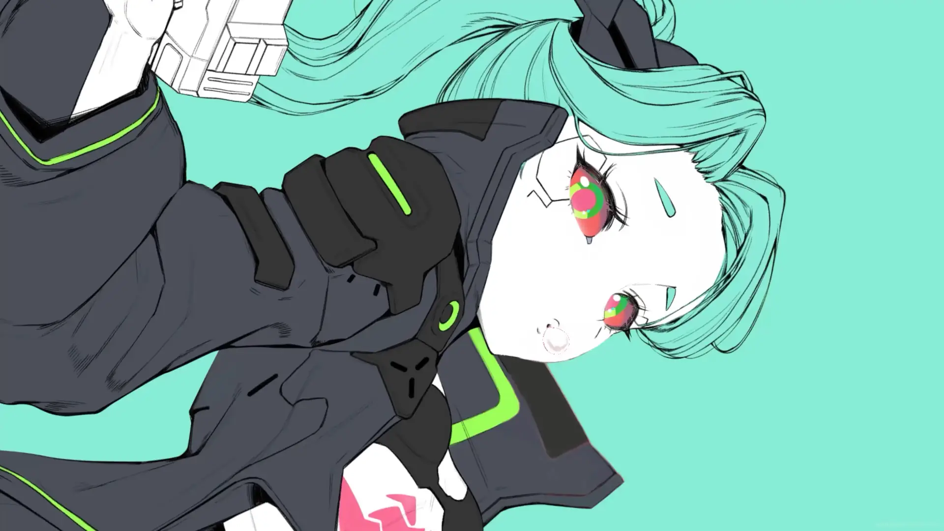 Rebecca from Cyberpunk Edgerunners sitting on neon ruins with glowing eyes and a wild smile, surrounded by sparks, bullet shells, and cyberpunk lighting.