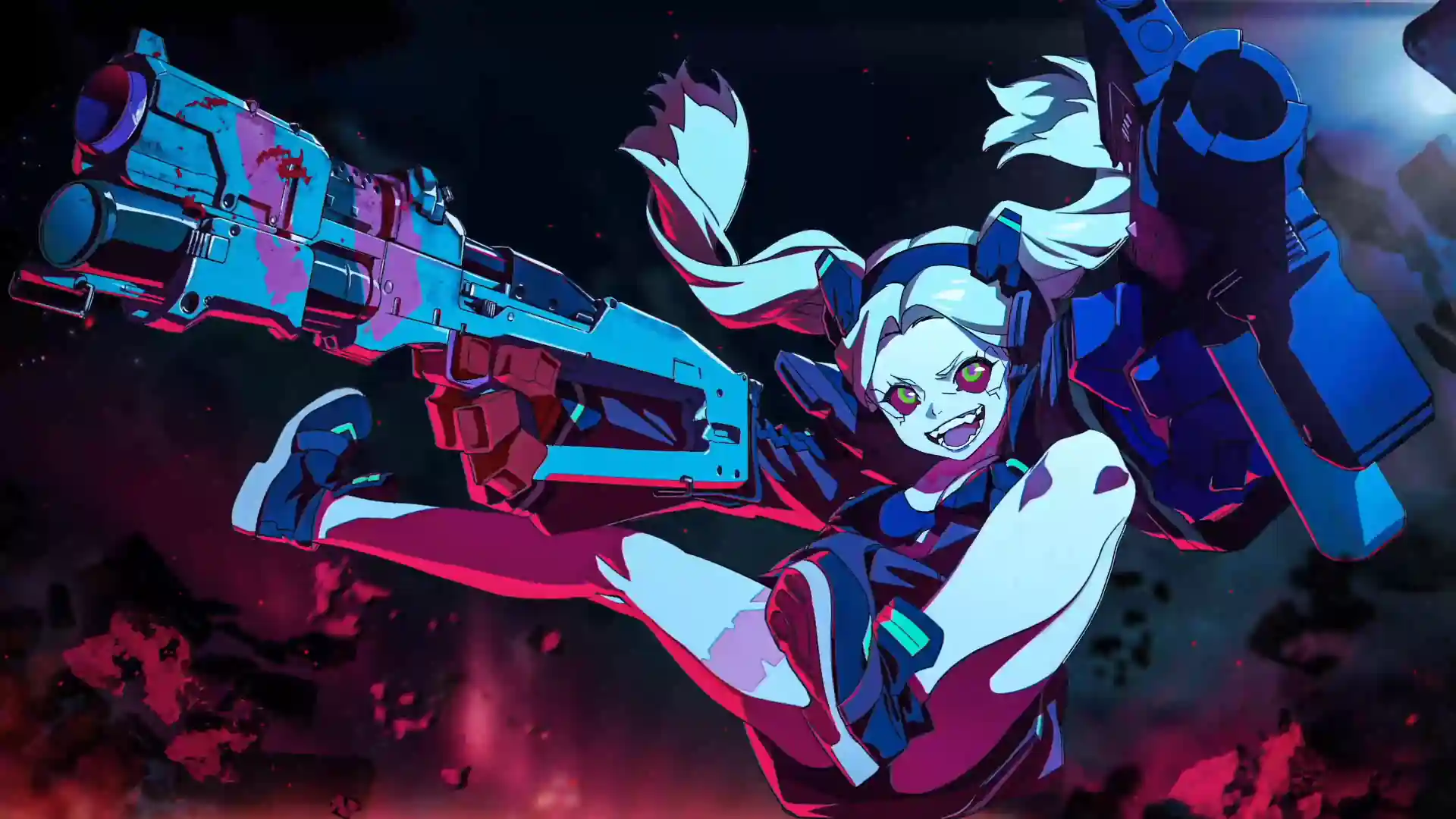 Rebecca from Cyberpunk Edgerunners firing dual pistols with glowing lights and pink hair flying in a chaotic anime action wallpaper.