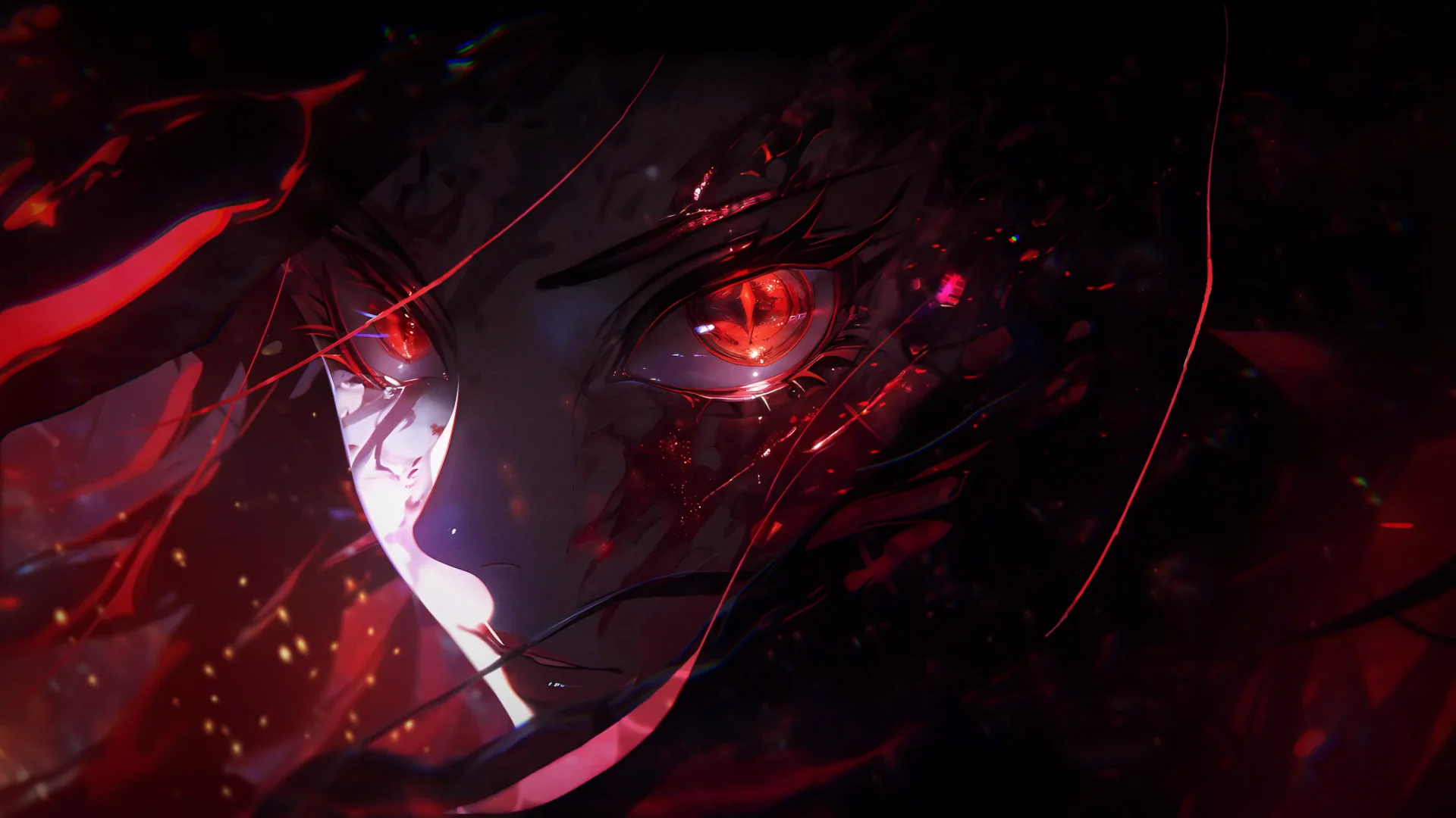 Anime girl with glowing red eyes standing in wind and red mist with intense gaze in dramatic anime wallpaper.