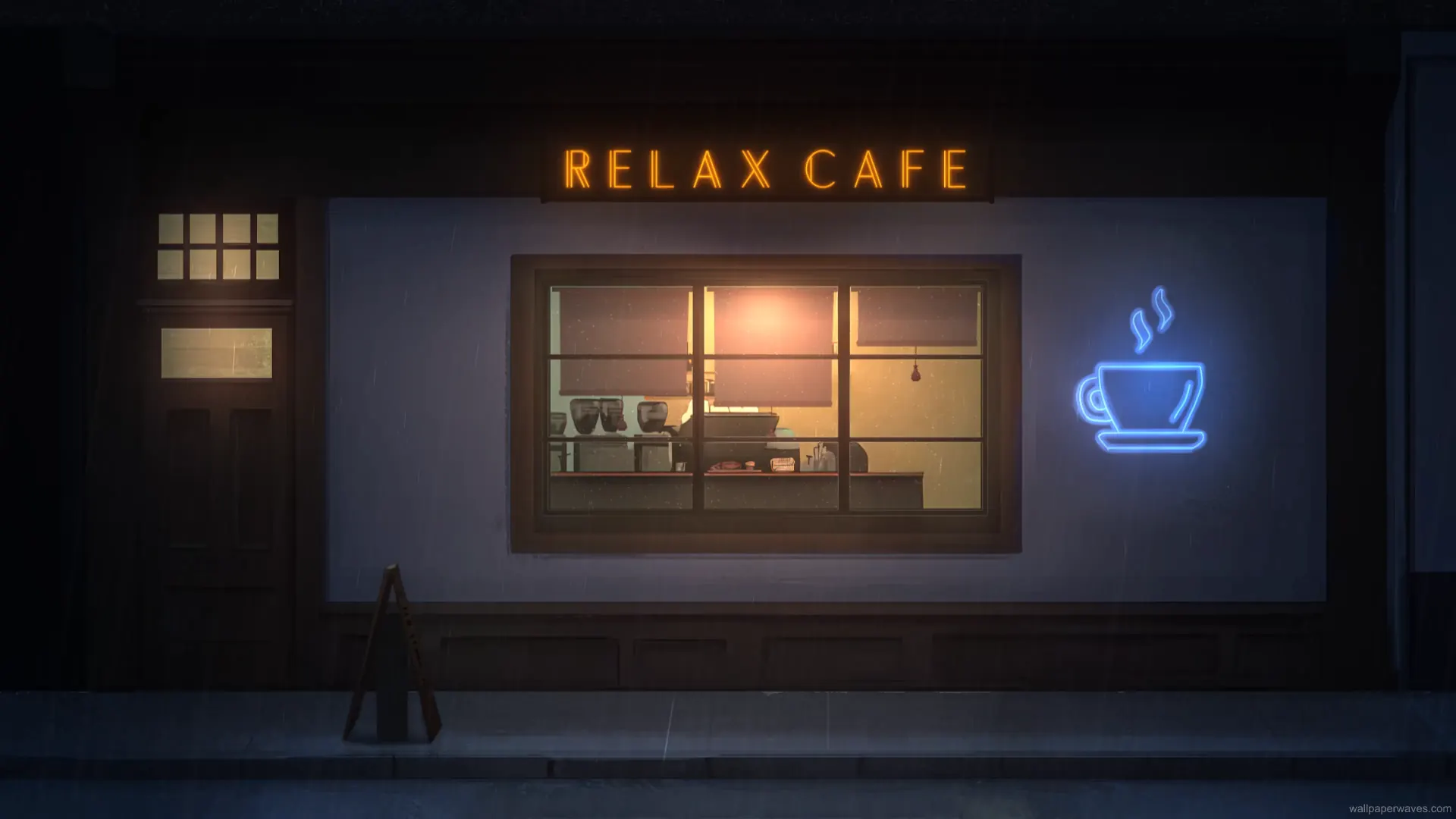Cozy retro café interior with warm lights, rainy window, and steam rising from coffee cup in relaxing wallpaper.