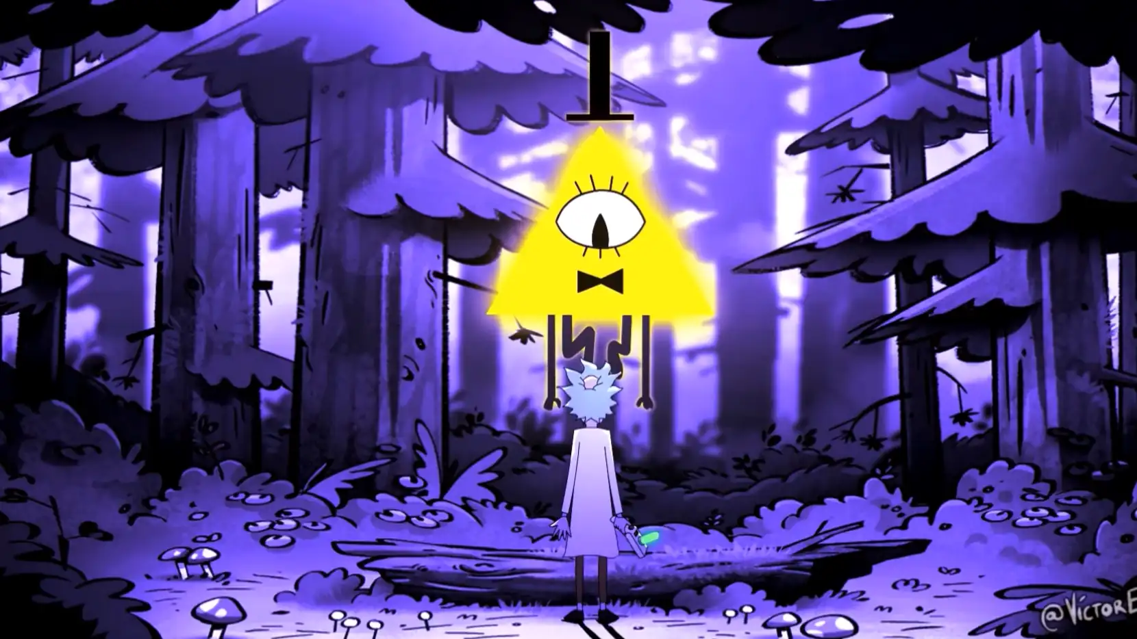 Bill Cipher floating above a glowing portal as Rick and Morty fly through colorful multiverse chaos with glitch effects and dimensional energy.