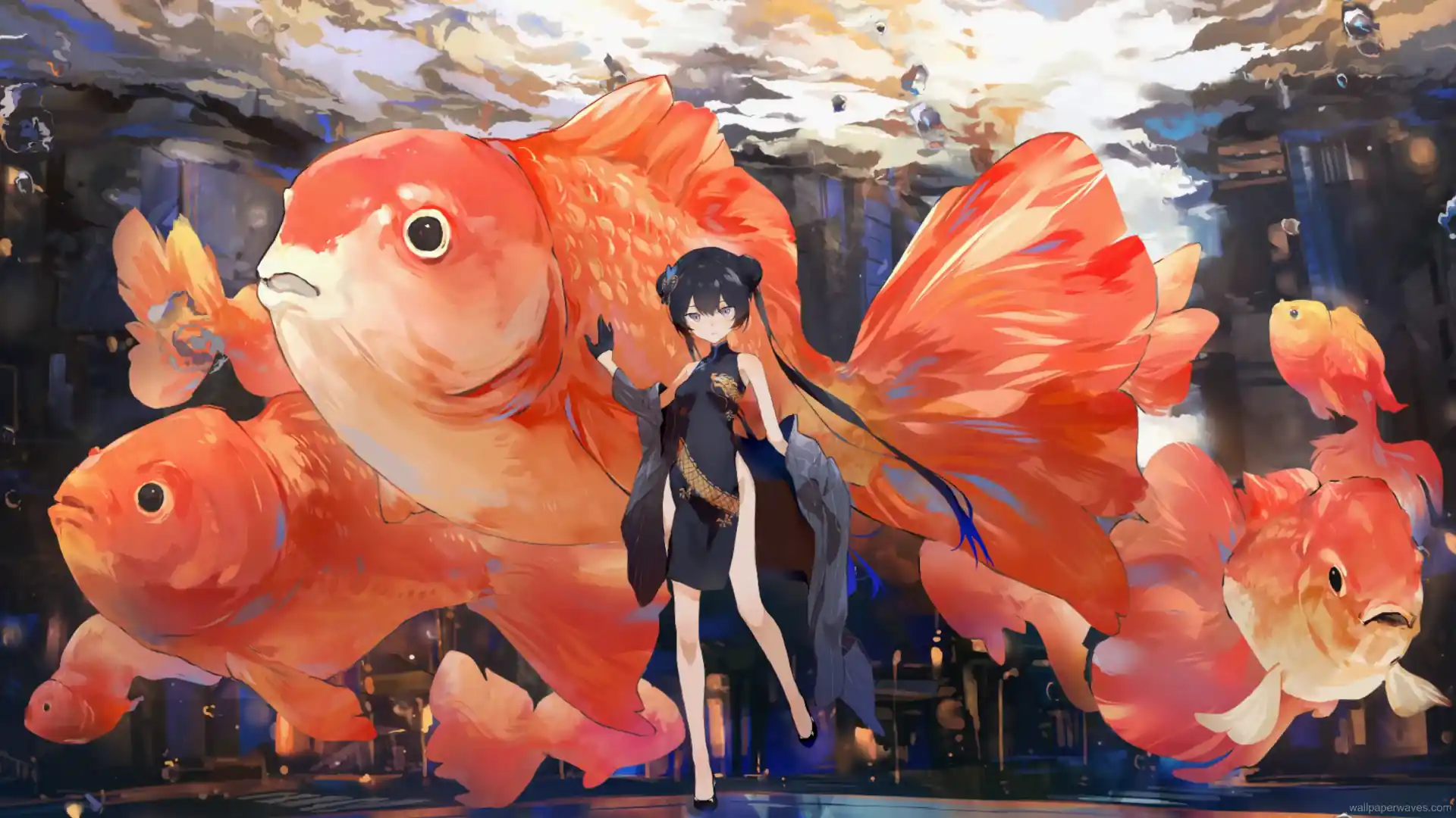 Ryuuge Kisaki from Blue Archive in battle-ready pose with dynamic effects and school uniform in anime-themed wallpaper.