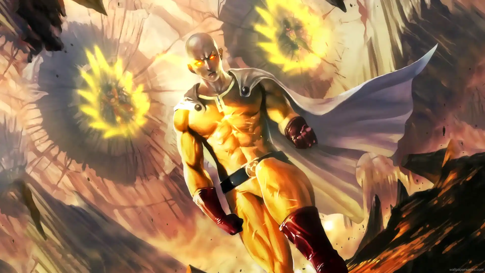 Saitama from One Punch Man facing Goku and Vegeta in an epic mid-air anime battle with glowing energy blasts wallpaper.