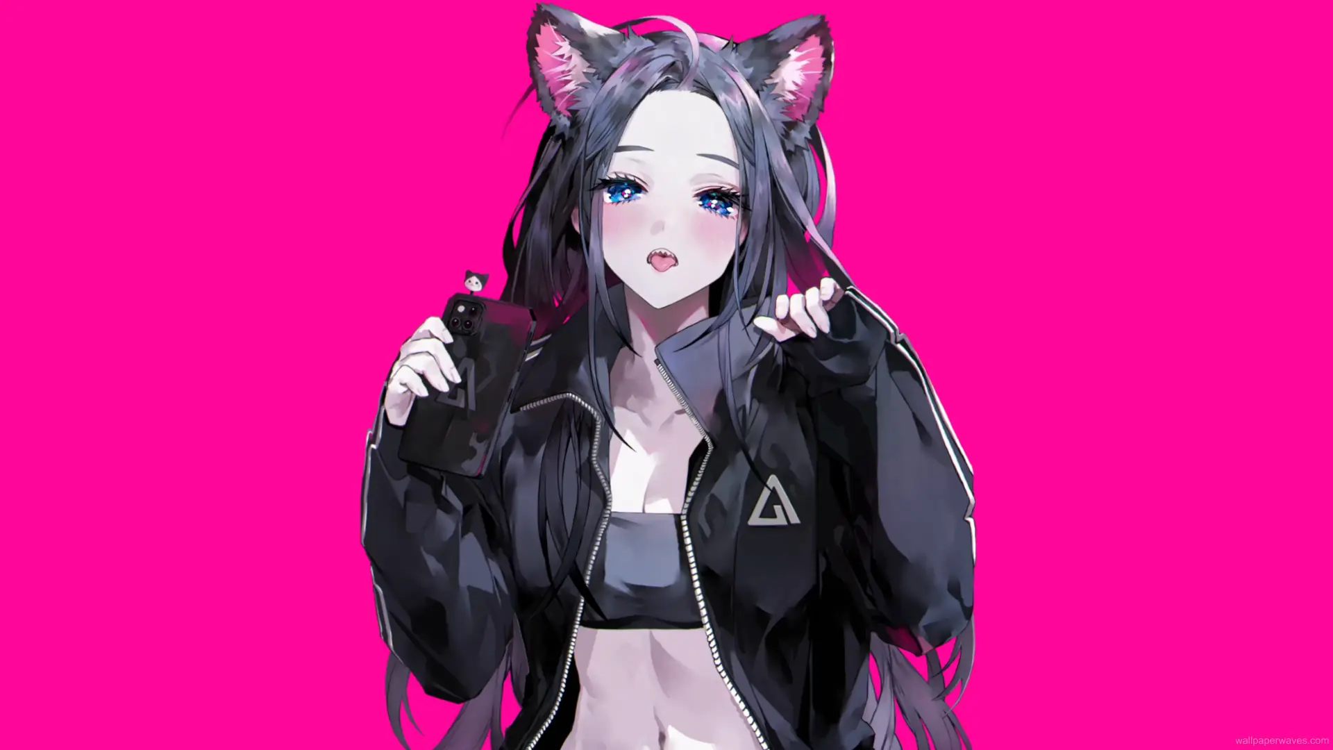 Anime neko girl with sharp teeth, glowing eyes, and playful smirk in a neon-lit background wallpaper.